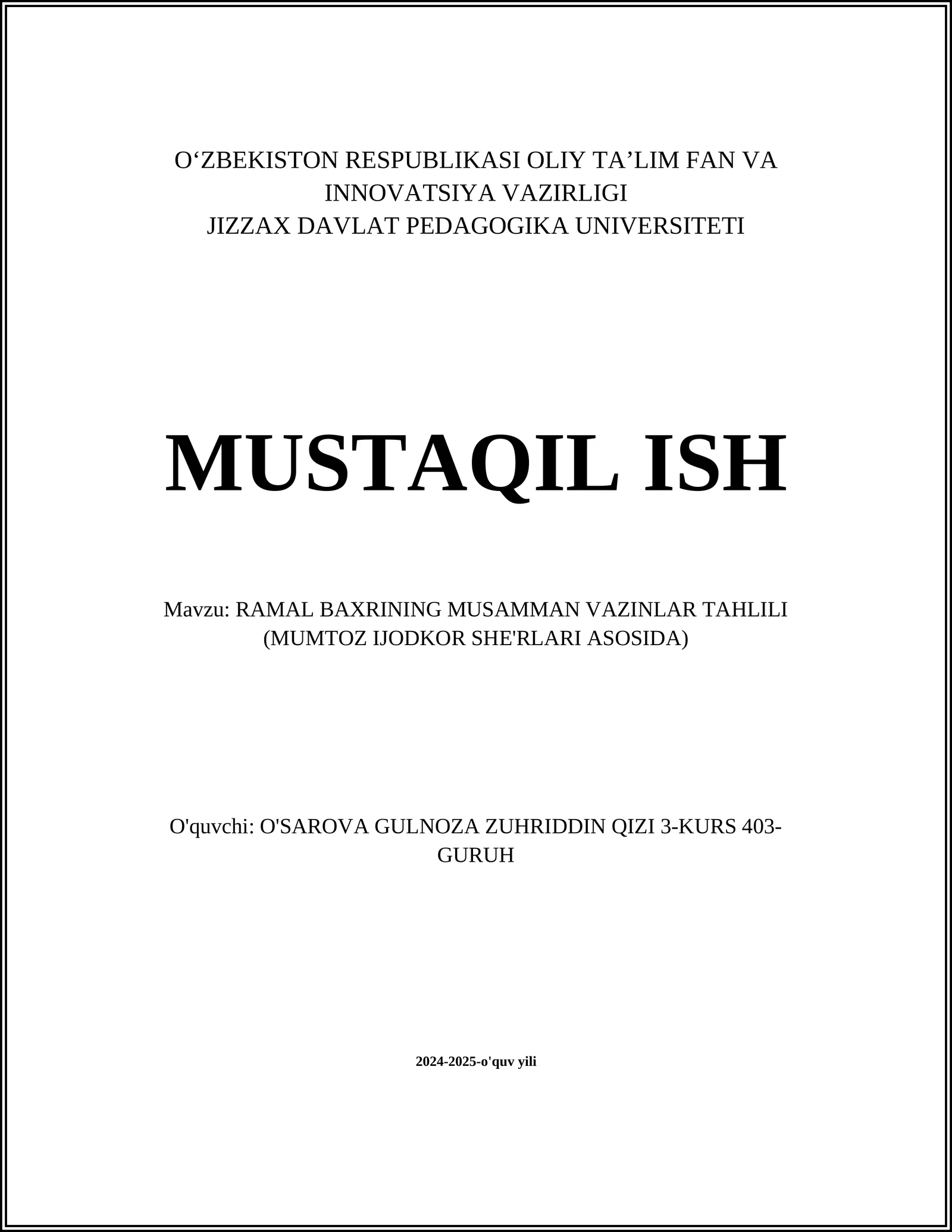 Ramal Baxrining Musamman Vazinlar Tahlili (Mumtoz Ijodkor She'rlari Asosida)