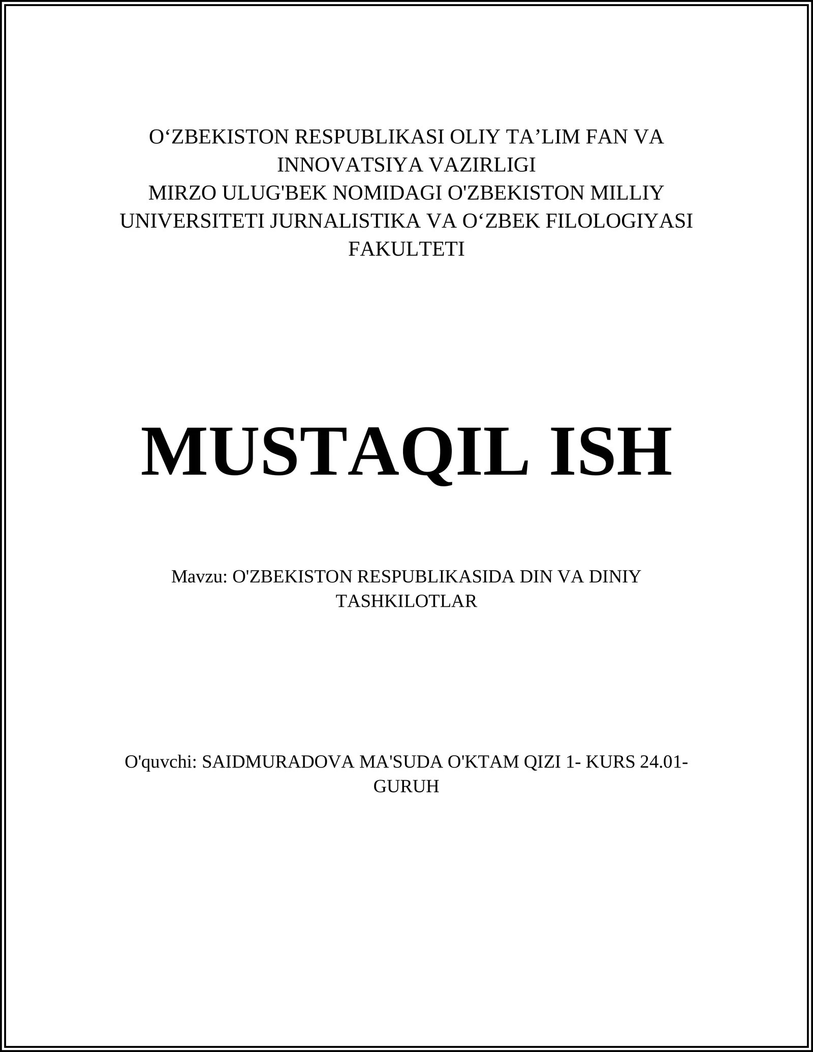 O'ZBEKISTON RESPUBLIKASIDA DIN VA DINIY TASHKILOTLAR