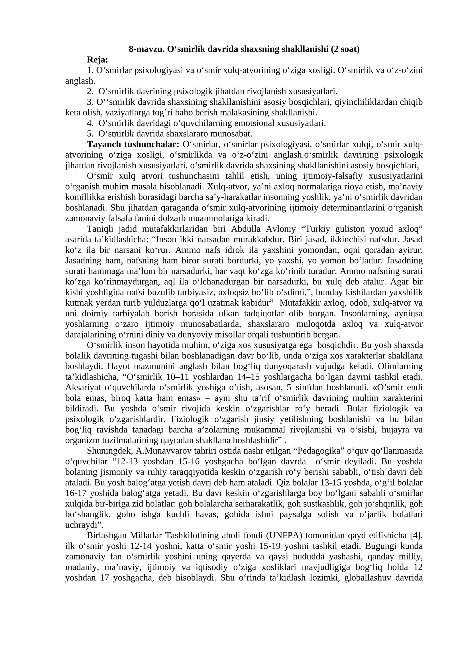 8-mavzu. O‘smirlik davrida shaxsning shakllanishi