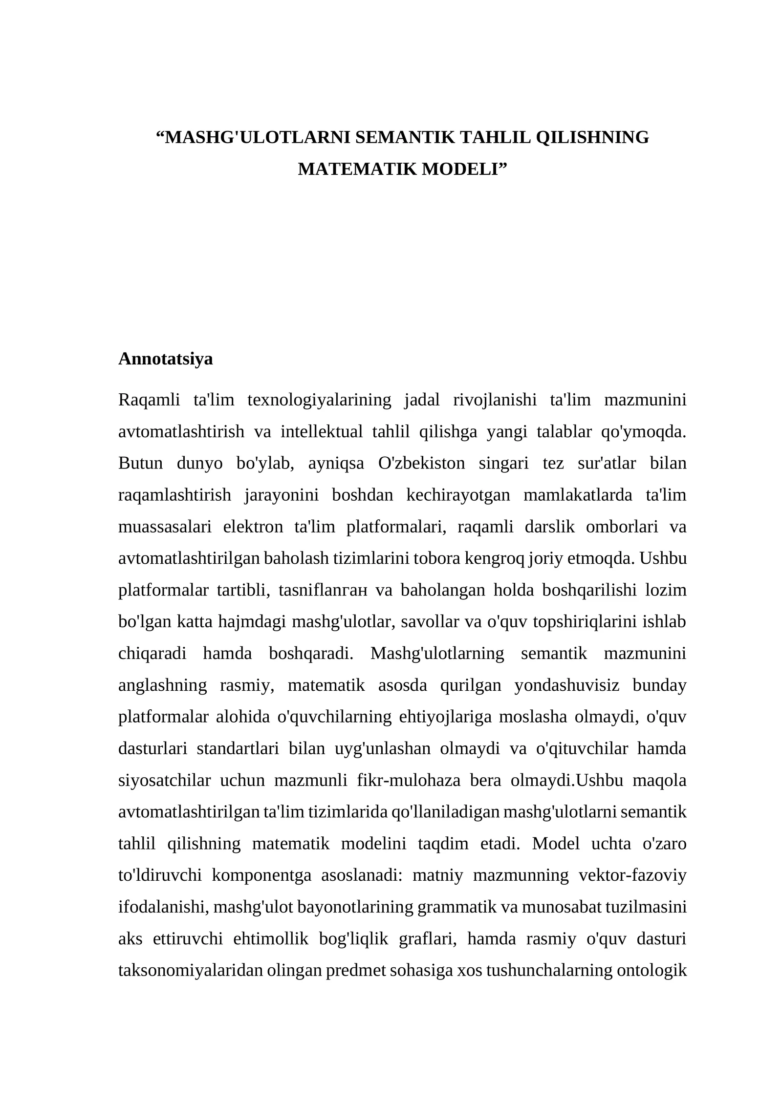MASHG'ULOTLARNI SEMANTIK TAHLIL QILISHNING MATEMATIK MODELI