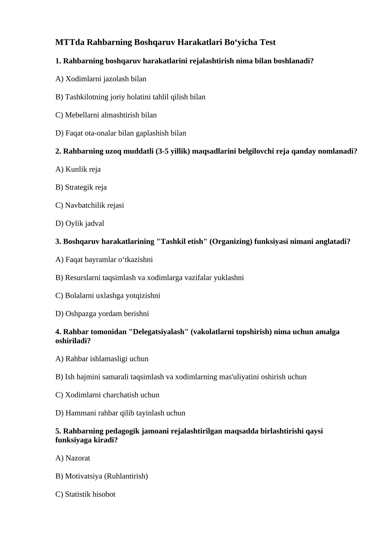 MTTda Rahbarning Boshqaruv Harakatlari Bo‘yicha Test