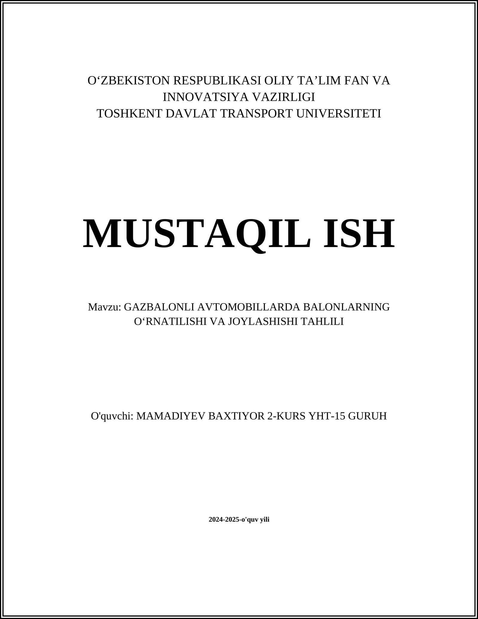 GAZBALONLI AVTOMOBILLARDA BALONLARNING OʻRNATILISHI VA JOYLASHISHI TAHLILI