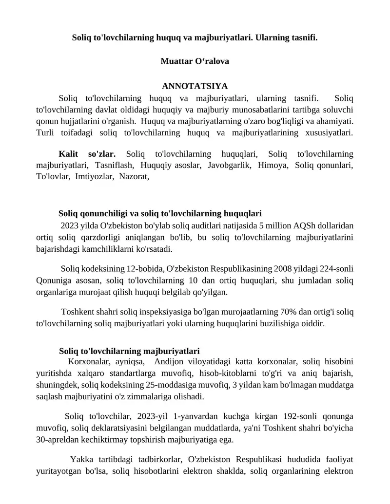 Soliq to'lovchilarning huquq va majburiyatlari