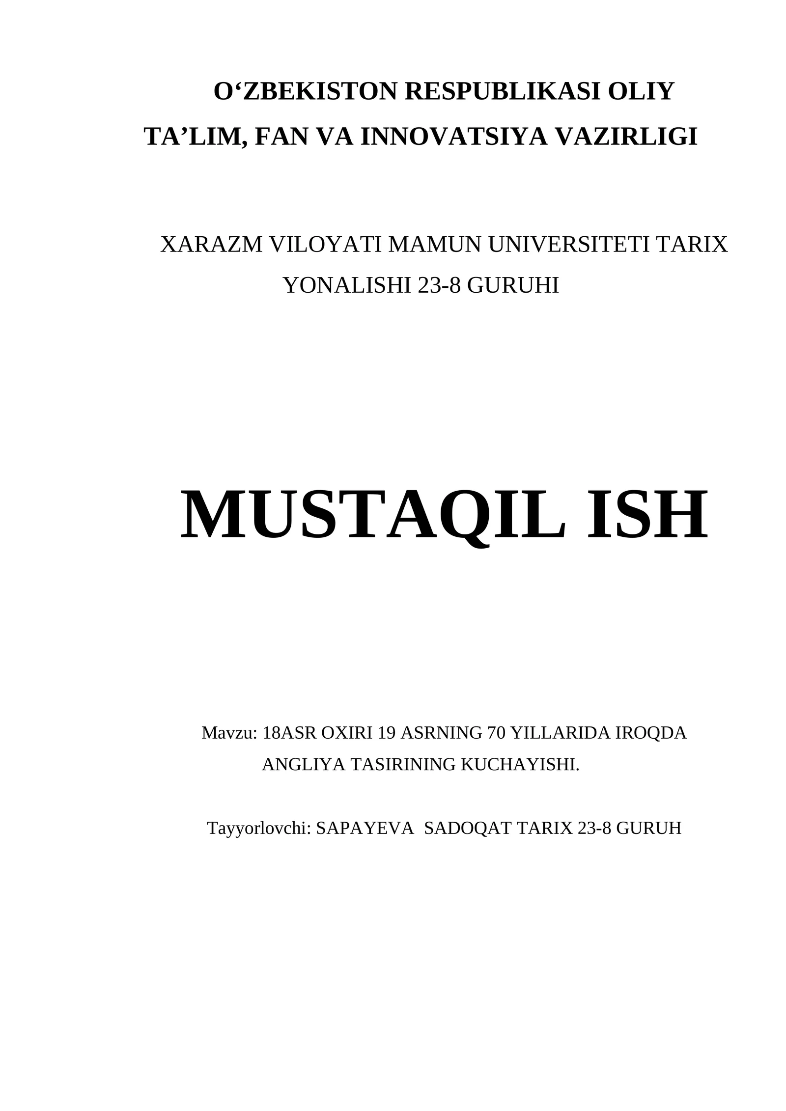 18ASR OXIRI 19 ASRNING 70 YILLARIDA IROQDA ANGLIYA TASIRINING KUCHAYISHI