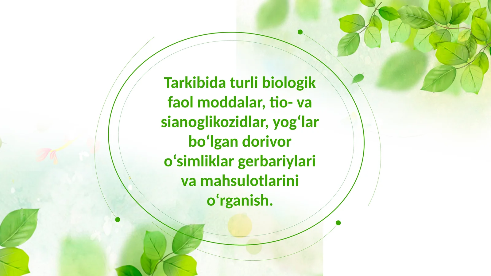 Tarkibida turli biologik faol moddalar, tio- va sianoglikozidlar, yog‘lar bo‘lgan dorivor o‘simliklar gerbariylari va mahsulotlarini o‘rganish