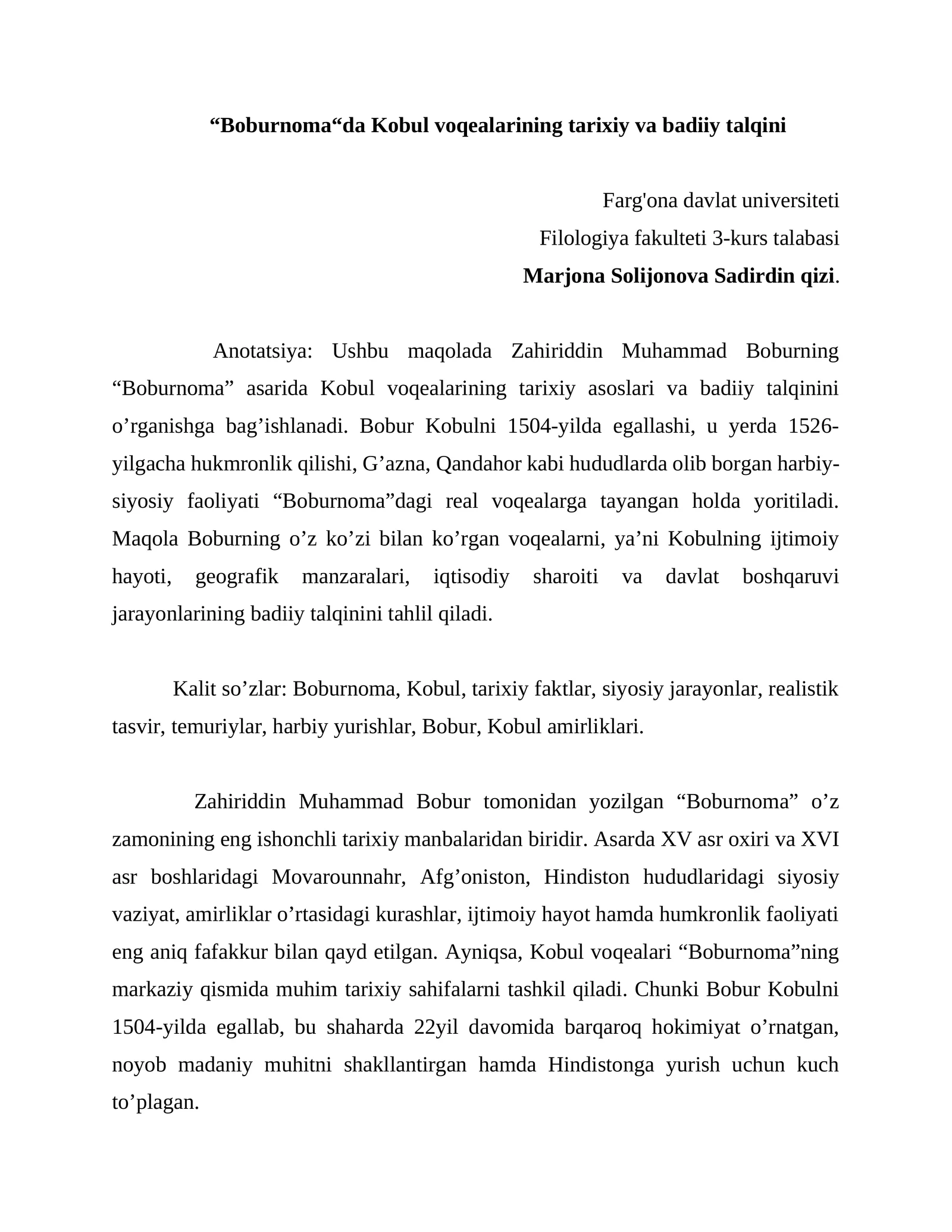 “Boburnoma“da Kobul voqealarining tarixiy va badiiy talqini