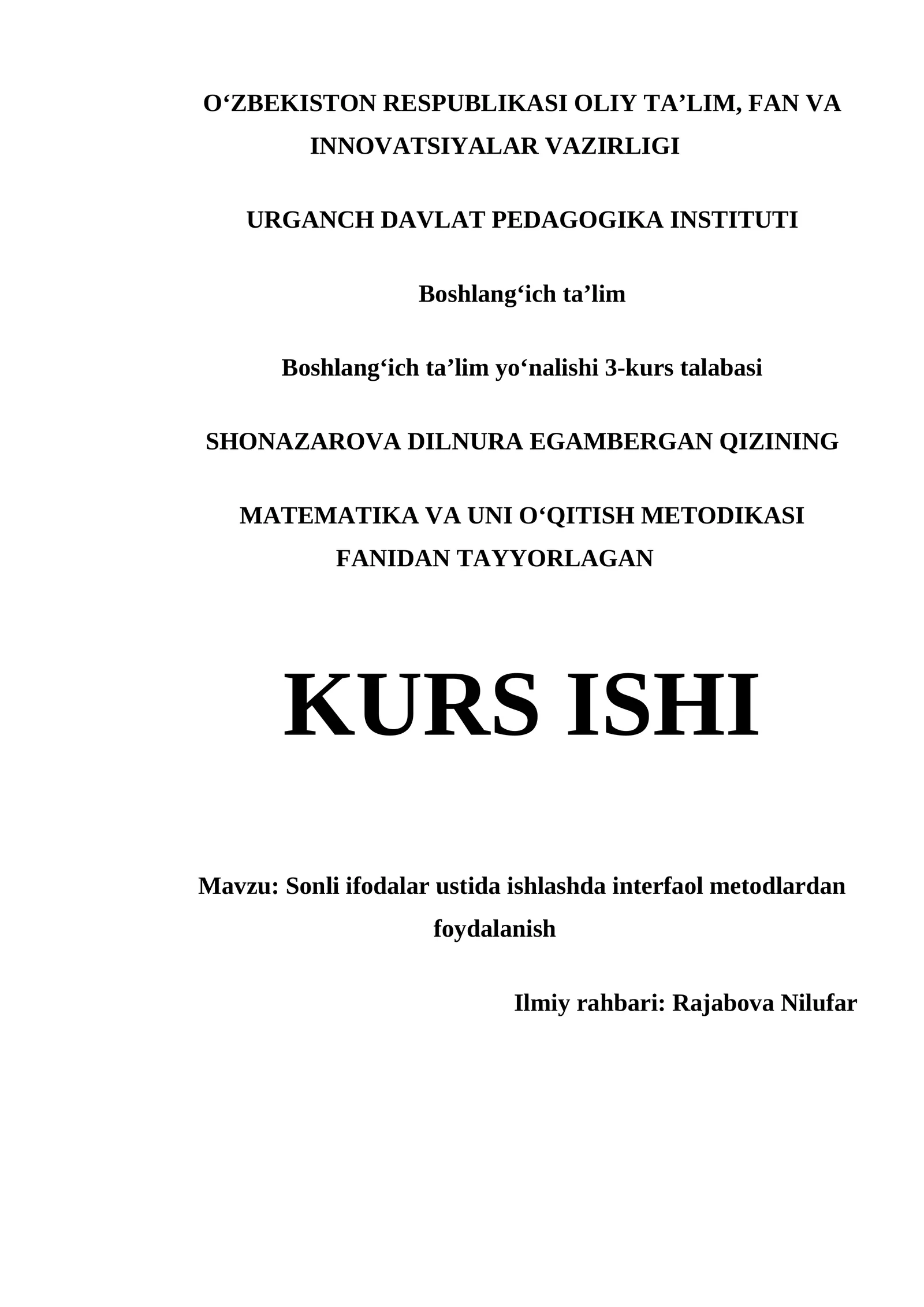 MATEMATIKA VA UNI OʻQITISH METODIKASI FANIDAN TAYYORLAGAN