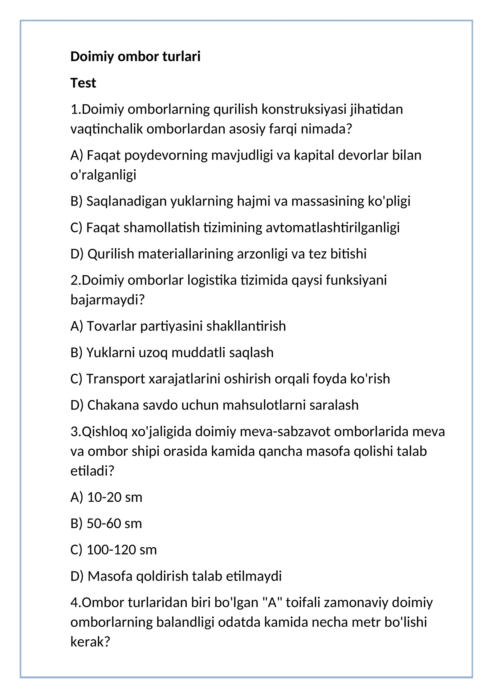 doimiy ombor turlari test 50 ta