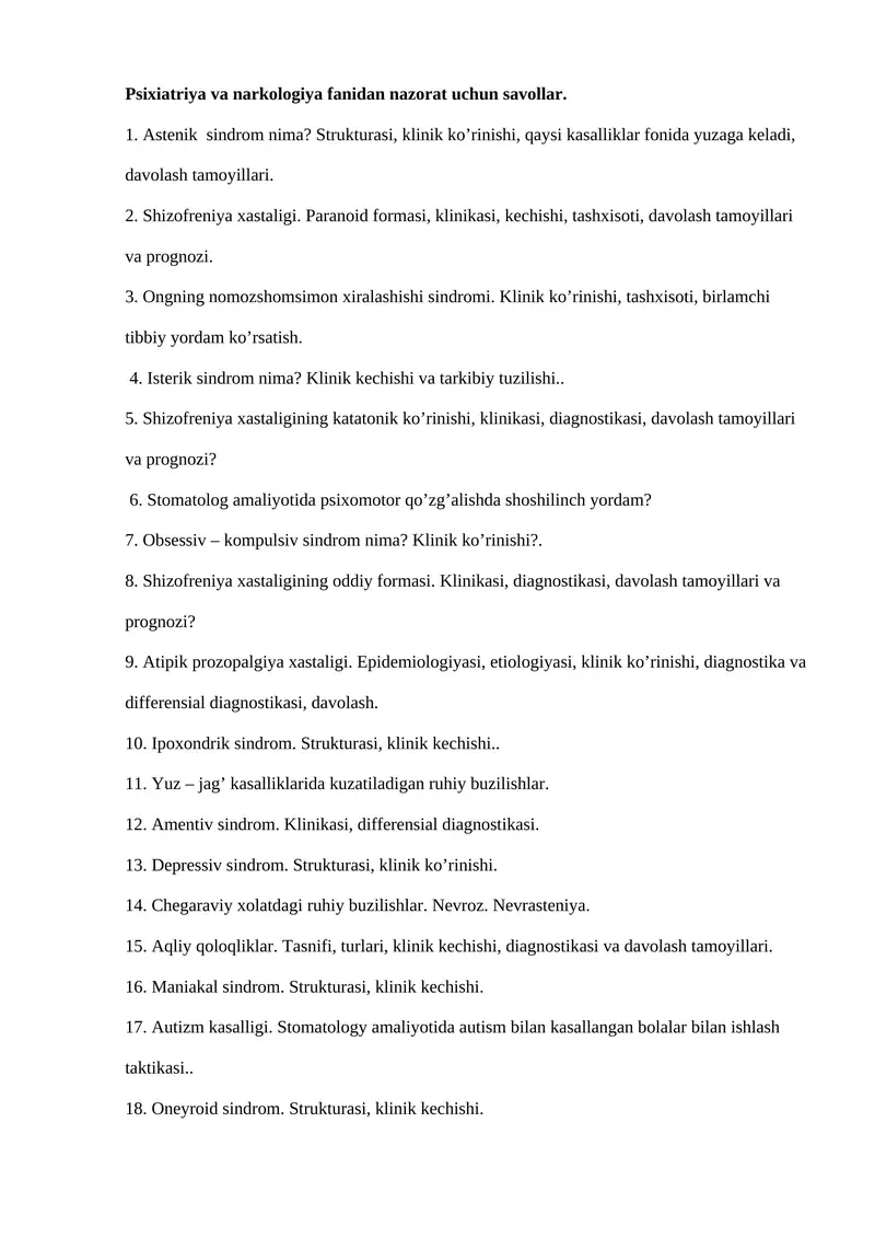 Psixiatriya va narkologiya fanidan nazorat uchun savollar
