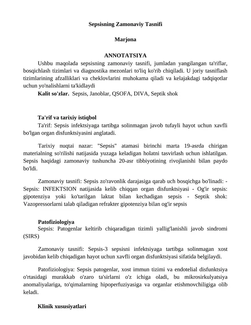 Sepsisning Zamonaviy Tasnifi