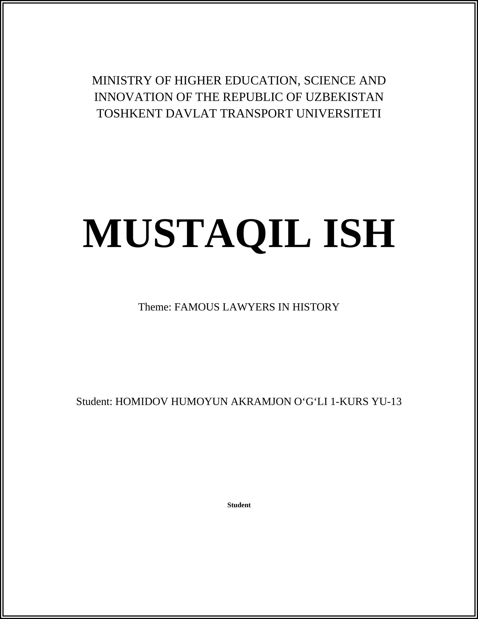 TOSHKENT DAVLAT TRANSPORT UNIVERSITETI MUSTAQIL ISHI