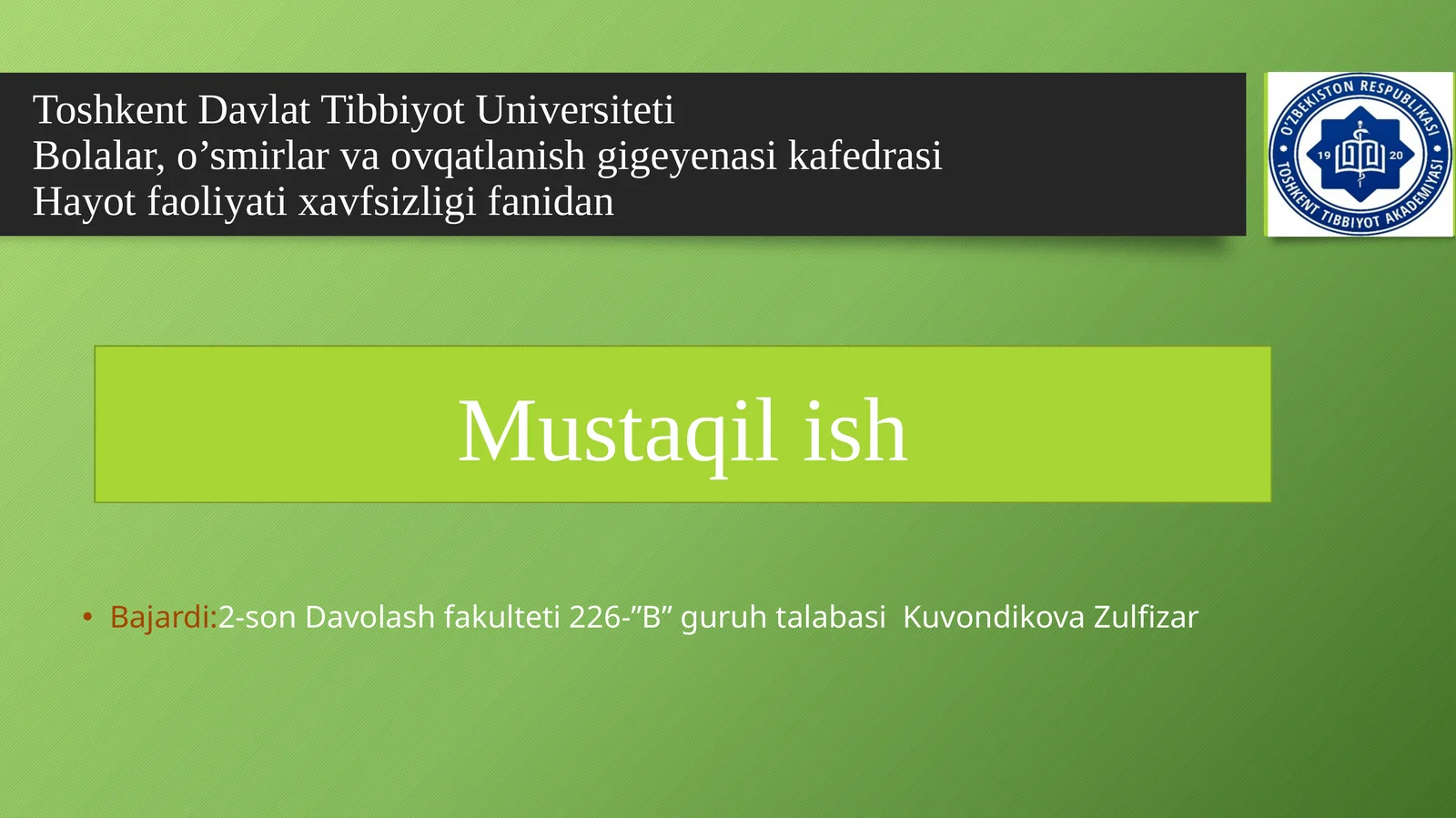 Aholining tabiiy ofatlar, katta falokatlar va tibbiy jihatdan ta'minlanishini tashkiletish
