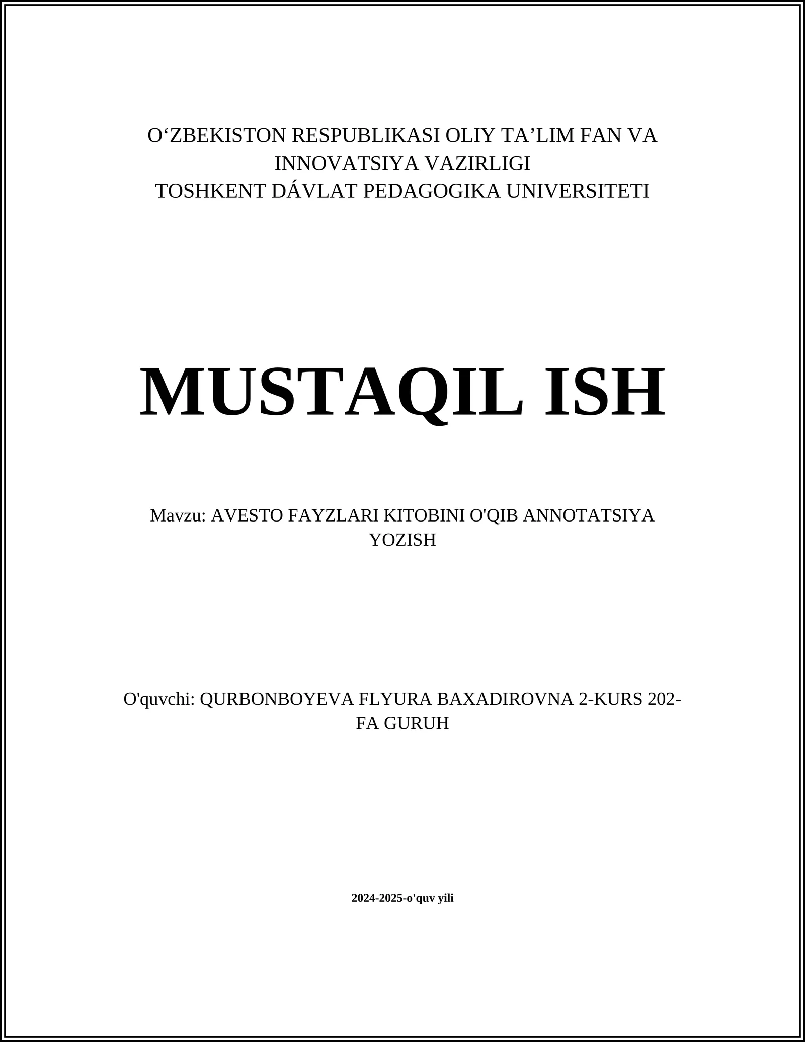 AVESTO FAYZLARI KITOBINI O'QIB ANNOTATSIYA YOZISH