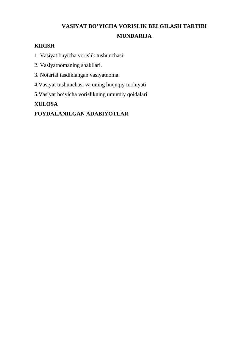 VASIYAT BO’YICHA VORISLIK BELGILASH TARTIBI