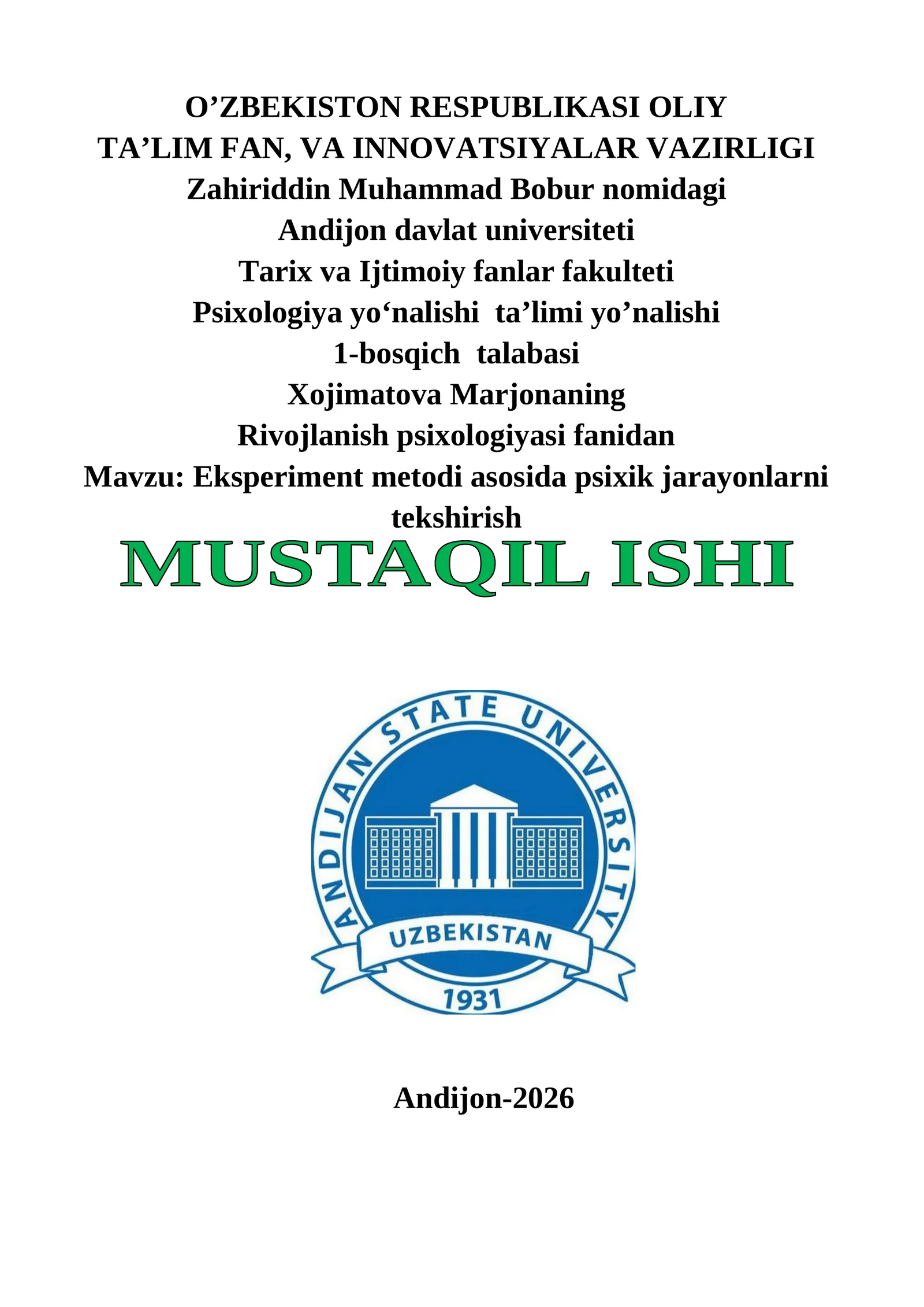 Eksperiment metodi asosida psixik jarayonlarni tekshirish