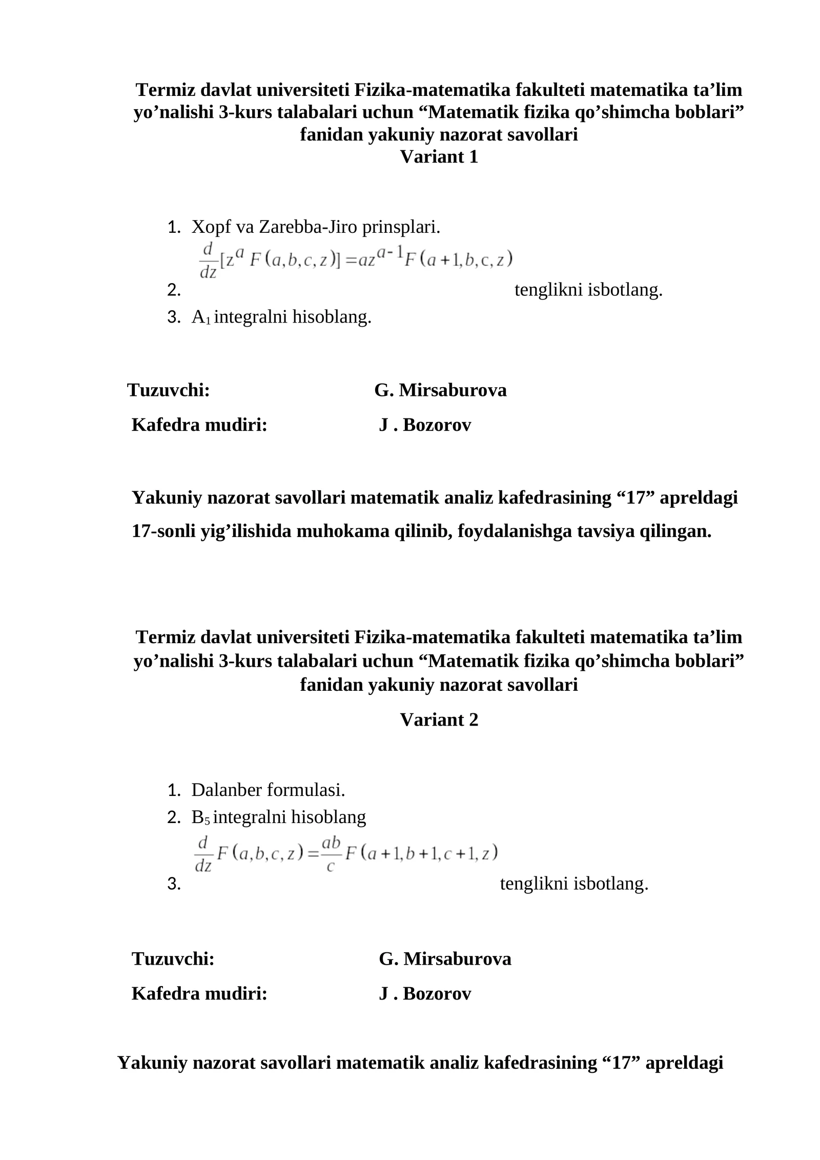Matematik fizika qo’shimcha boblari