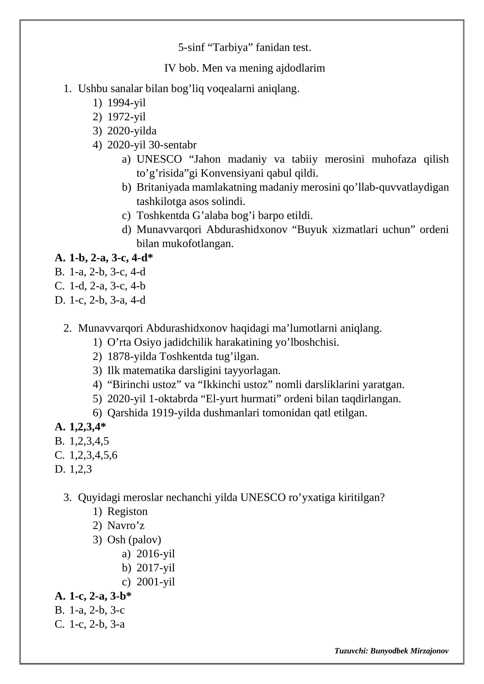 5-sinf “Tarbiya” fanidan test