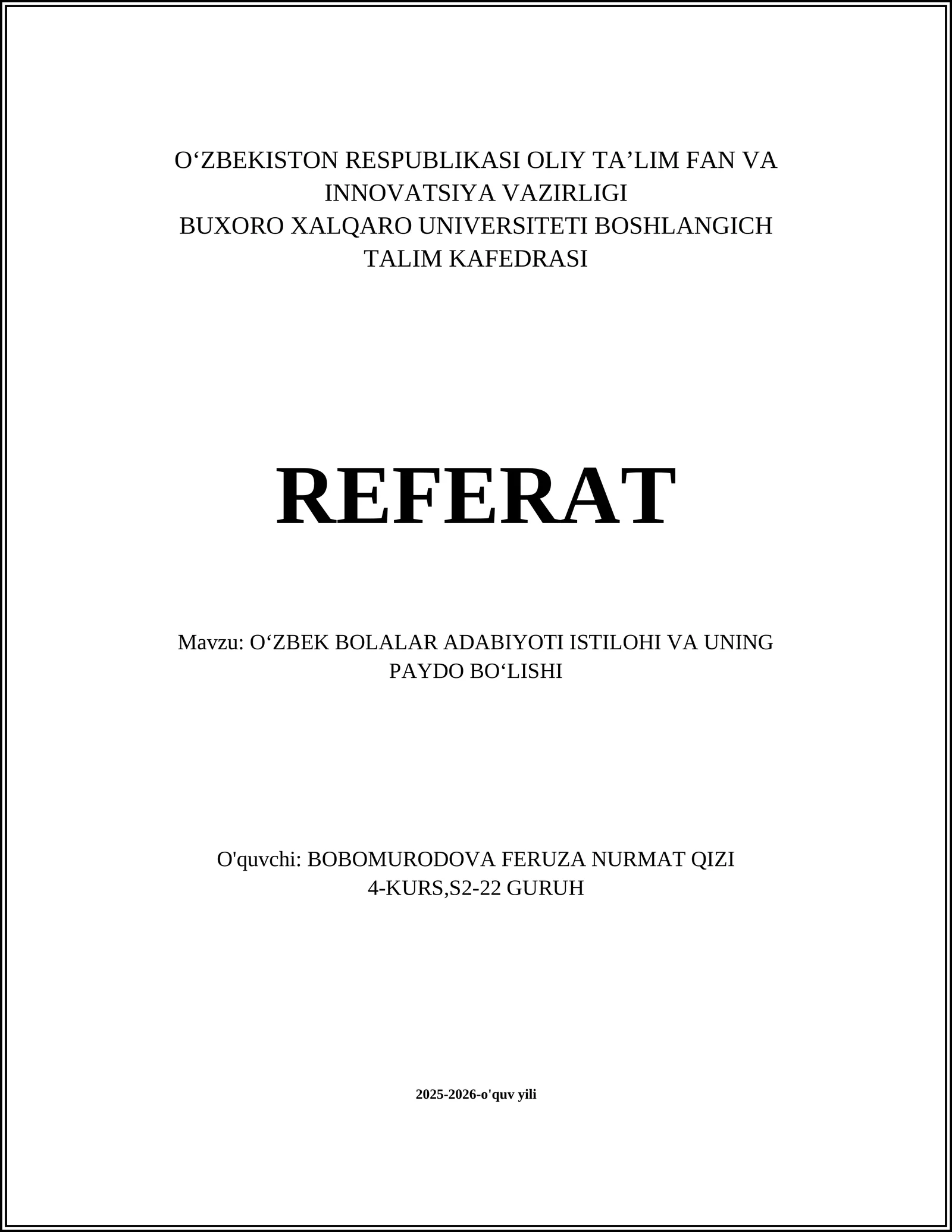 Oʻzbek Bolalar Adabiyoti Istilohi Va Uning Paydo Boʻlishi