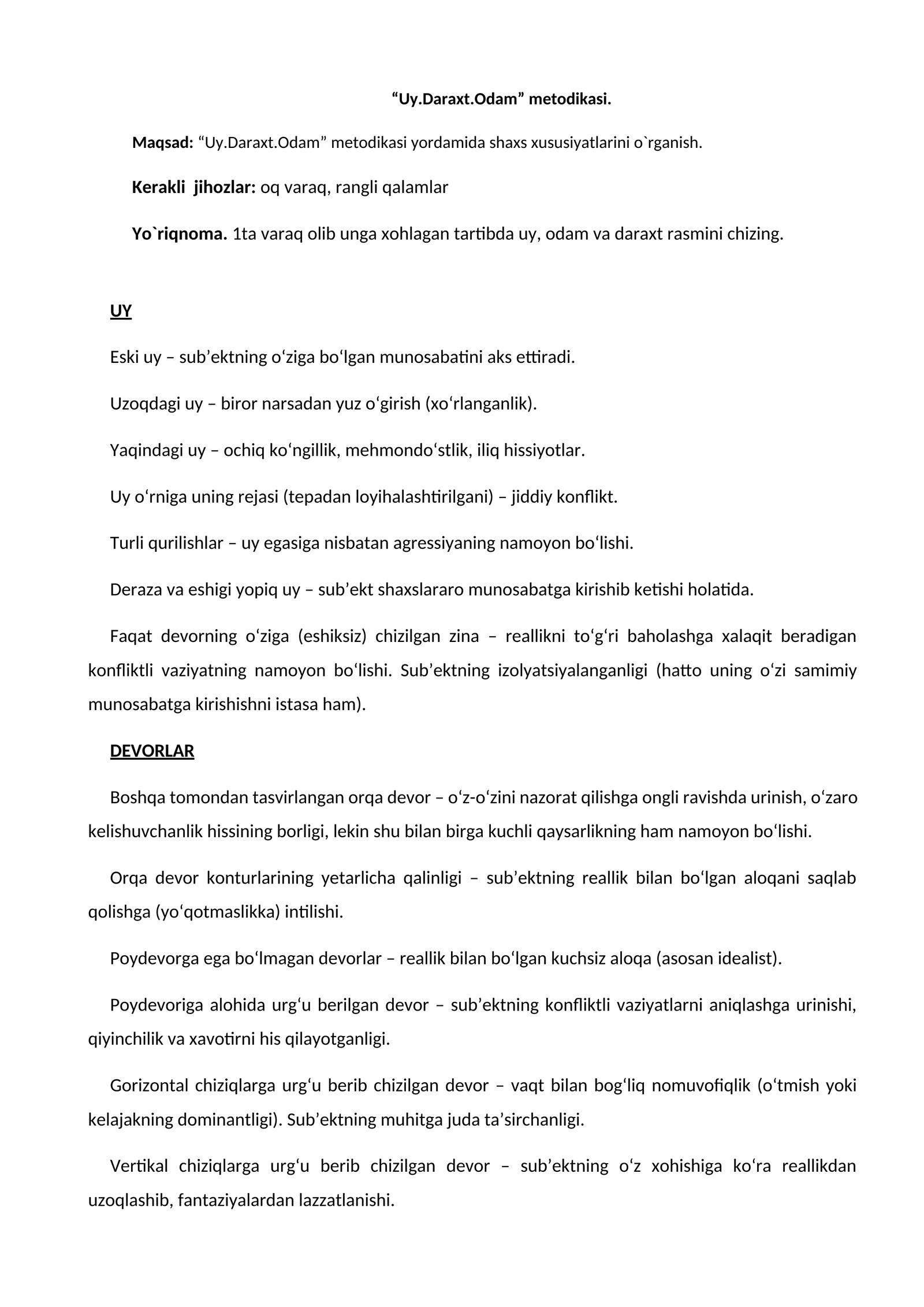 “Uy.Daraxt.Odam” metodikasi