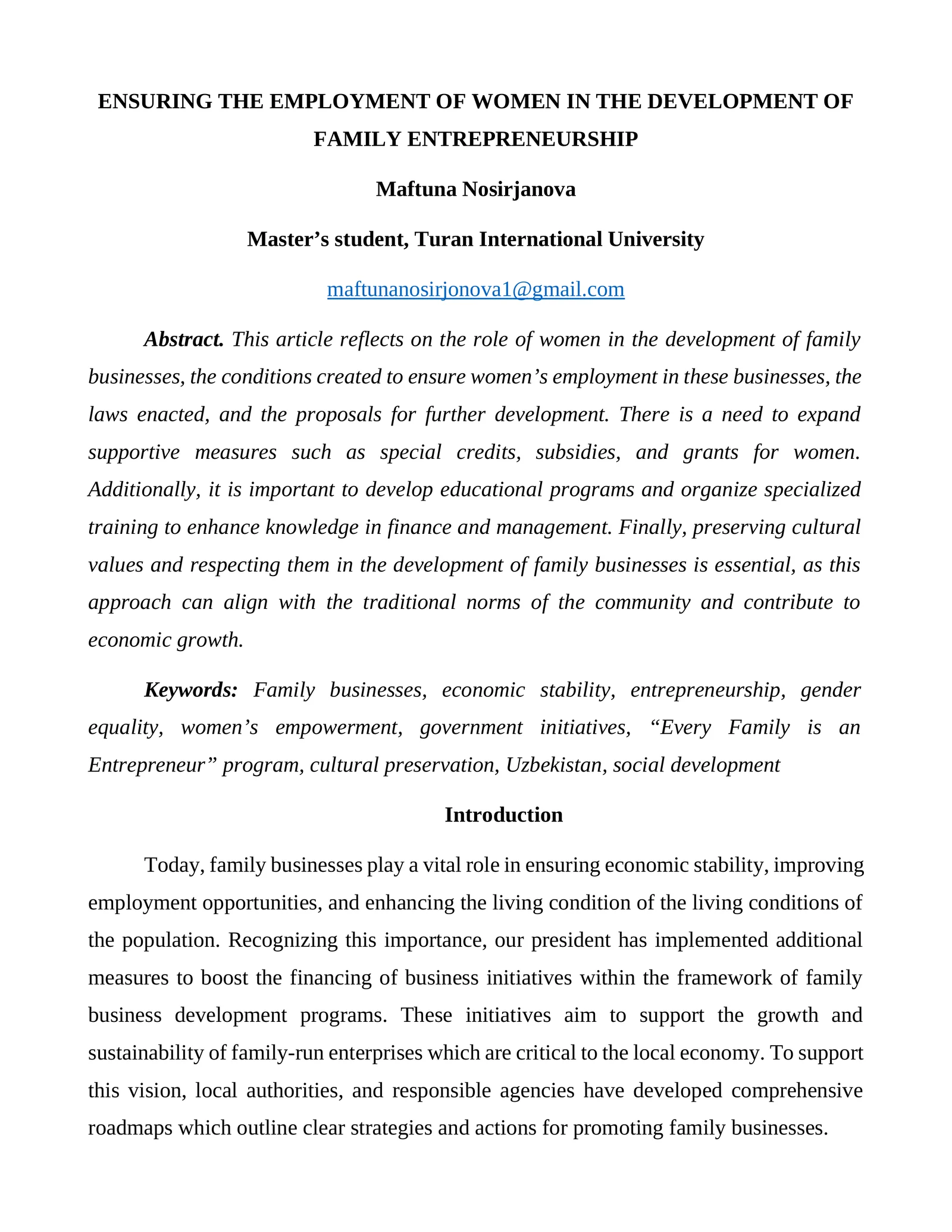 Ensuring the Employment of Women in the Development of Family Entrepreneurship
