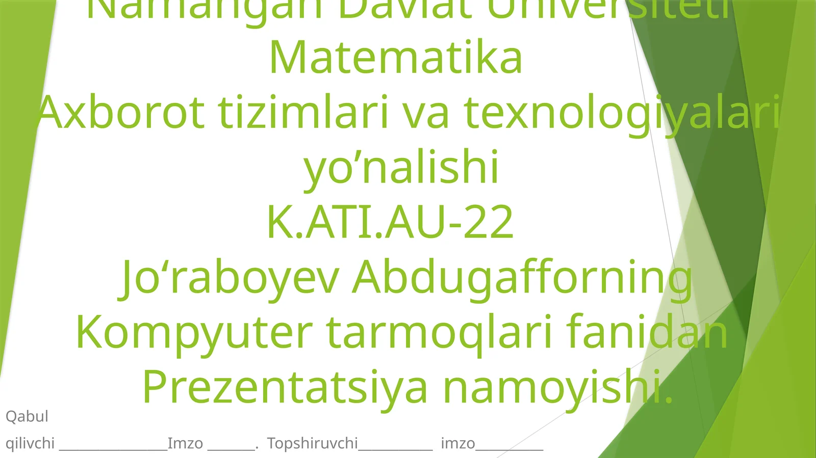 Kompyuter tarmoqlari fanidan Prezentatsiya