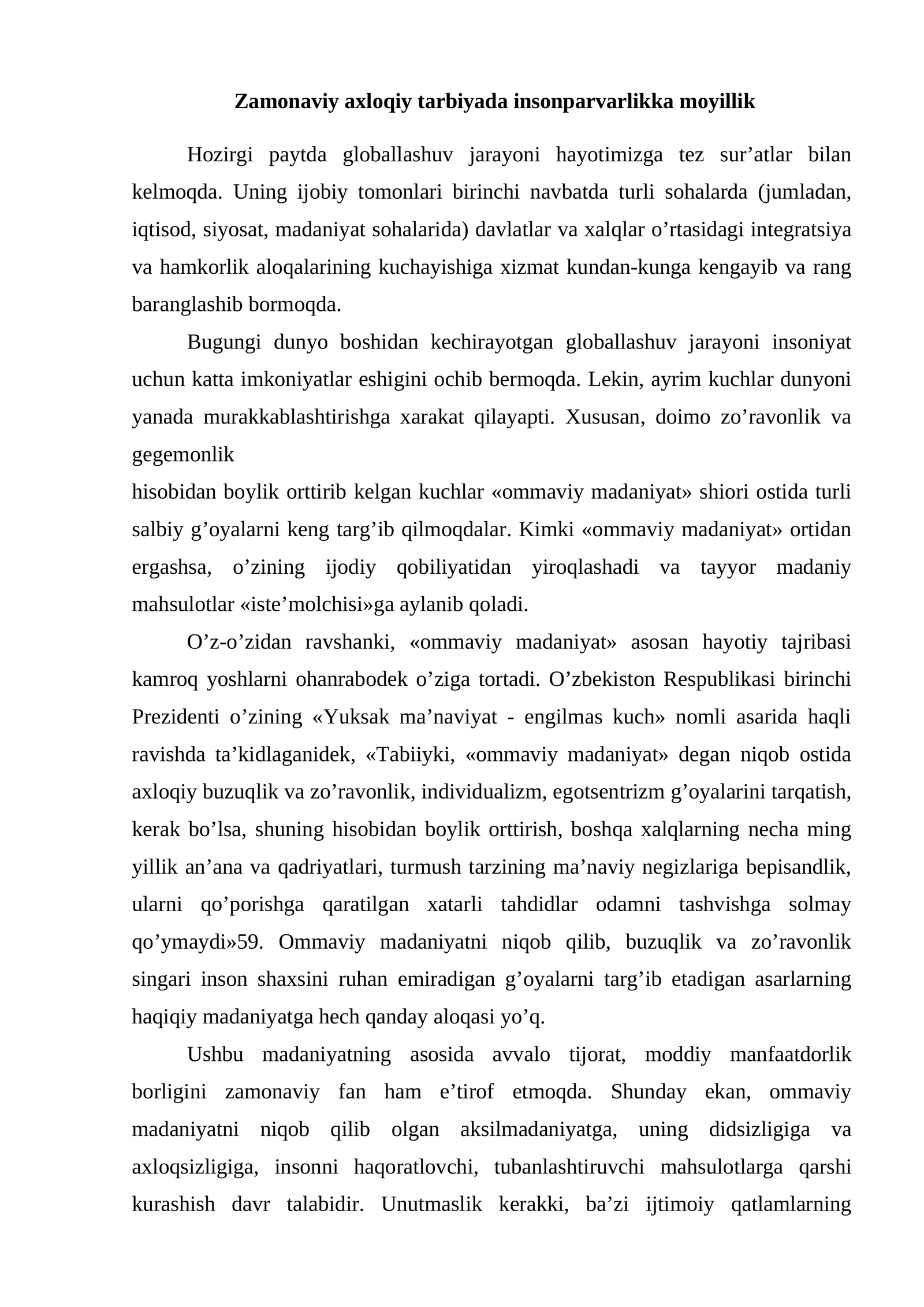 Zamonaviy axloqiy tarbiyada insonparvarlikka moyillik