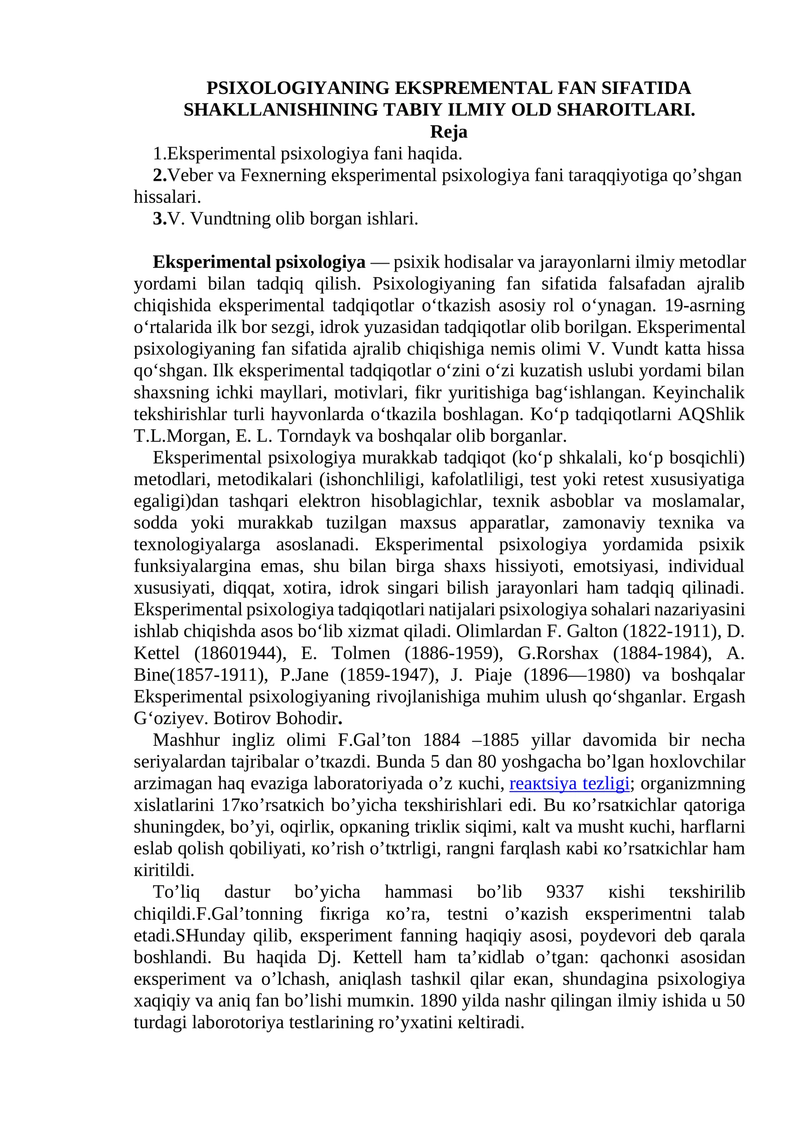 Psixologiyada eksperimental fan sifatida shakllanishi