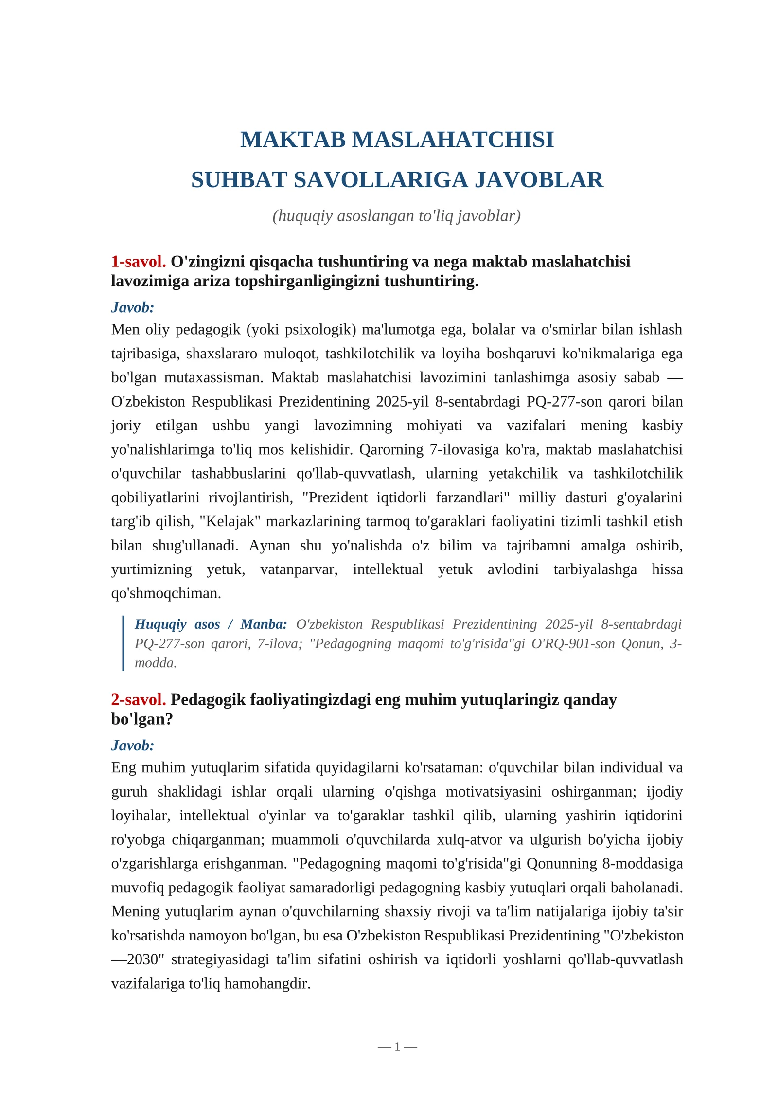 Maktab maslahatchisi savollarga javoblar
