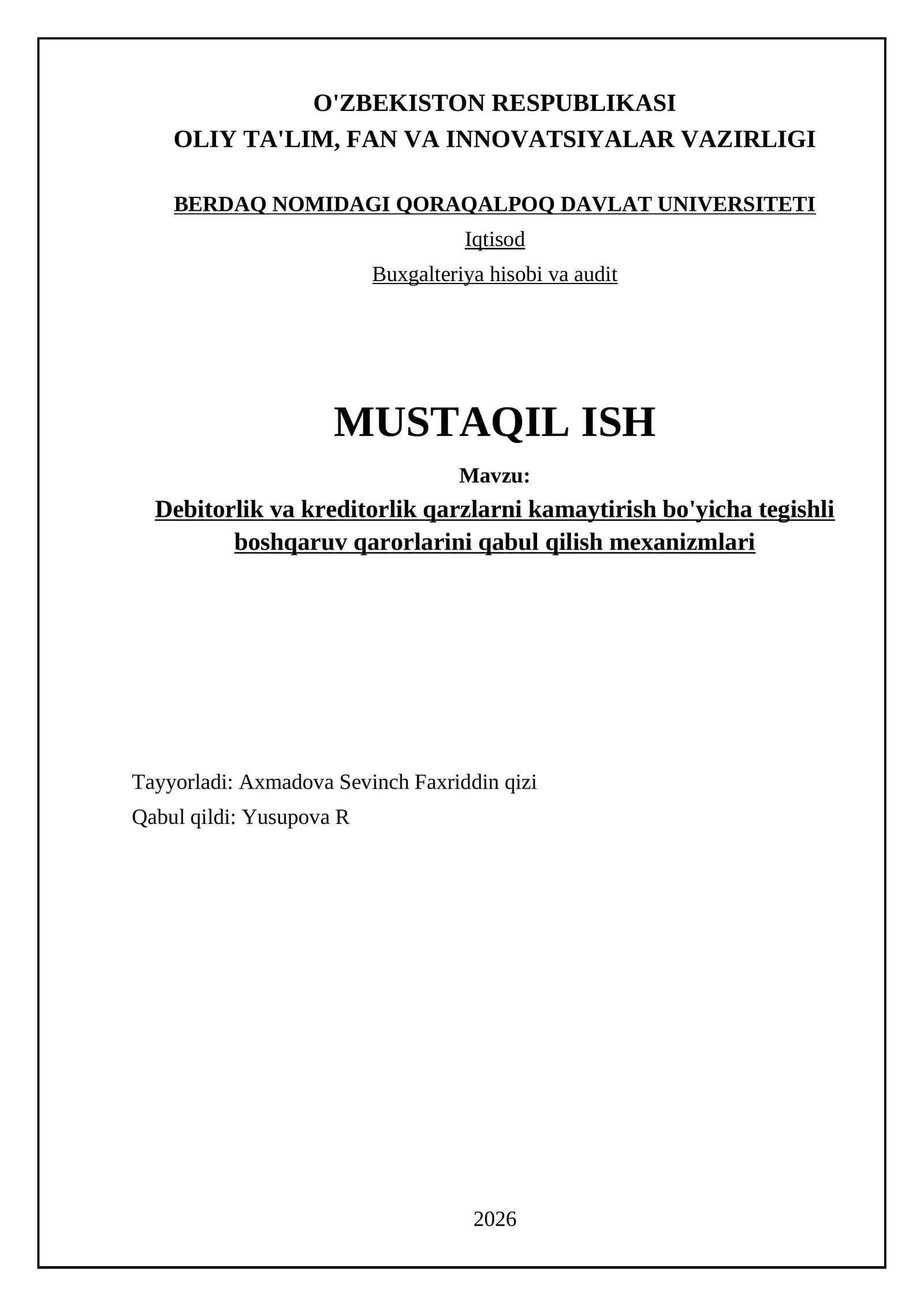 Debitorlik va kreditorlik qarzlarni kamaytirish bo'yicha tegishli boshqaruv qarorlarini qabul qilish mexanizmlari
