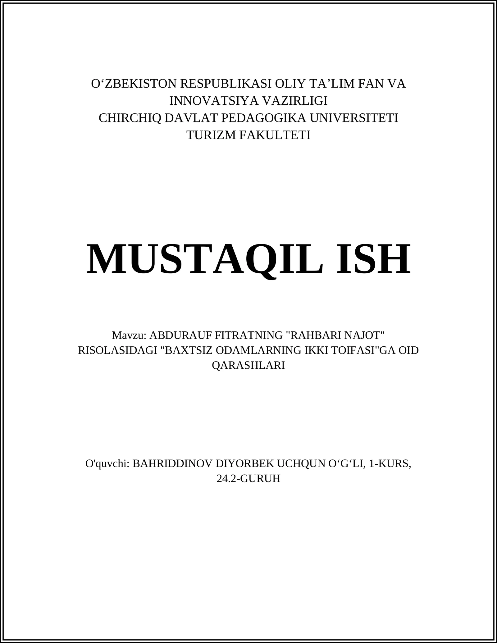 ABDURAUF FITRATNING "RAHBARI NAJOT" RISOLASIDAGI "BAXTSIZ ODAMLARNING IKKI TOIFASI"GA OID QARASHLARI