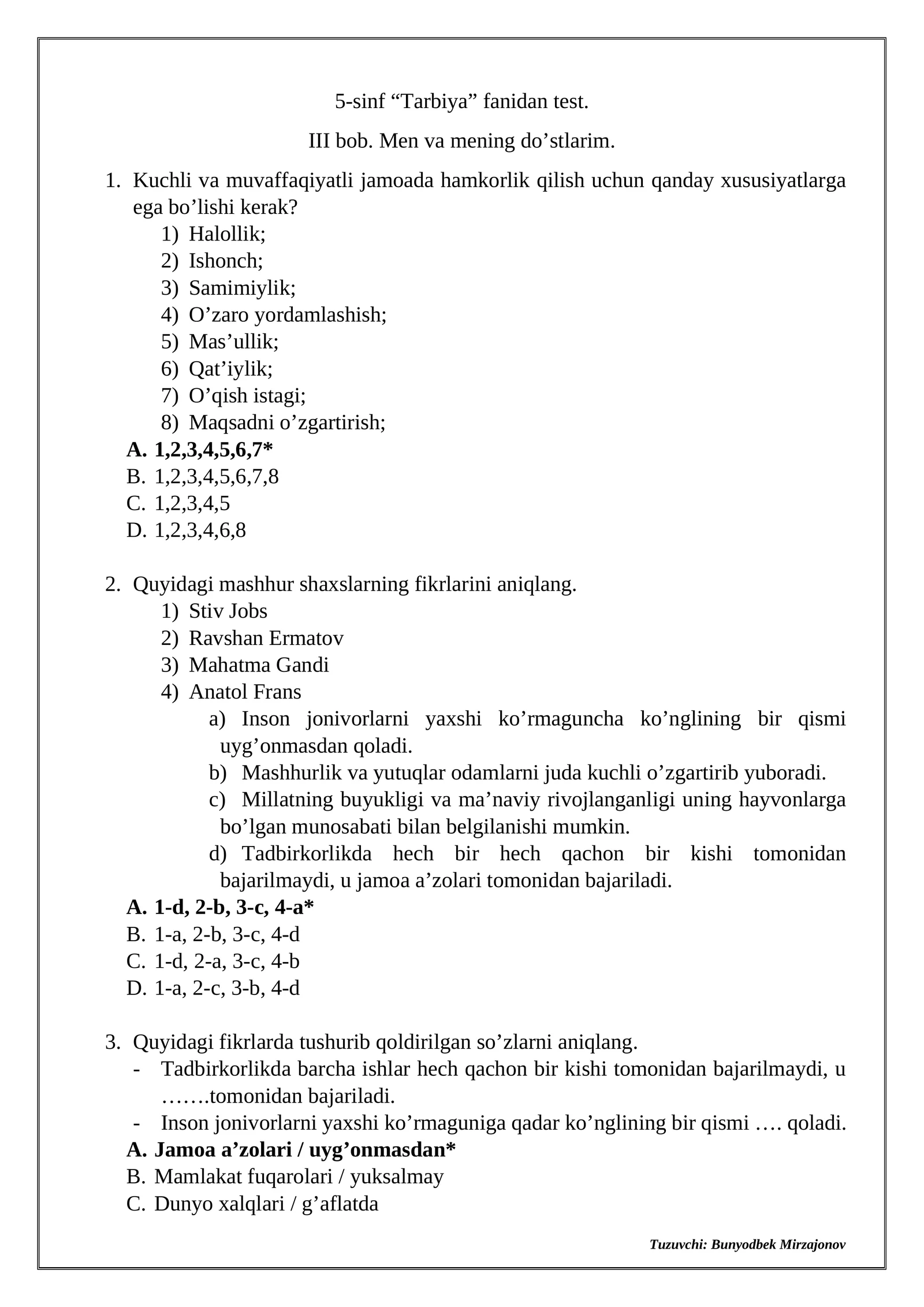 5-sinf “Tarbiya” fanidan test