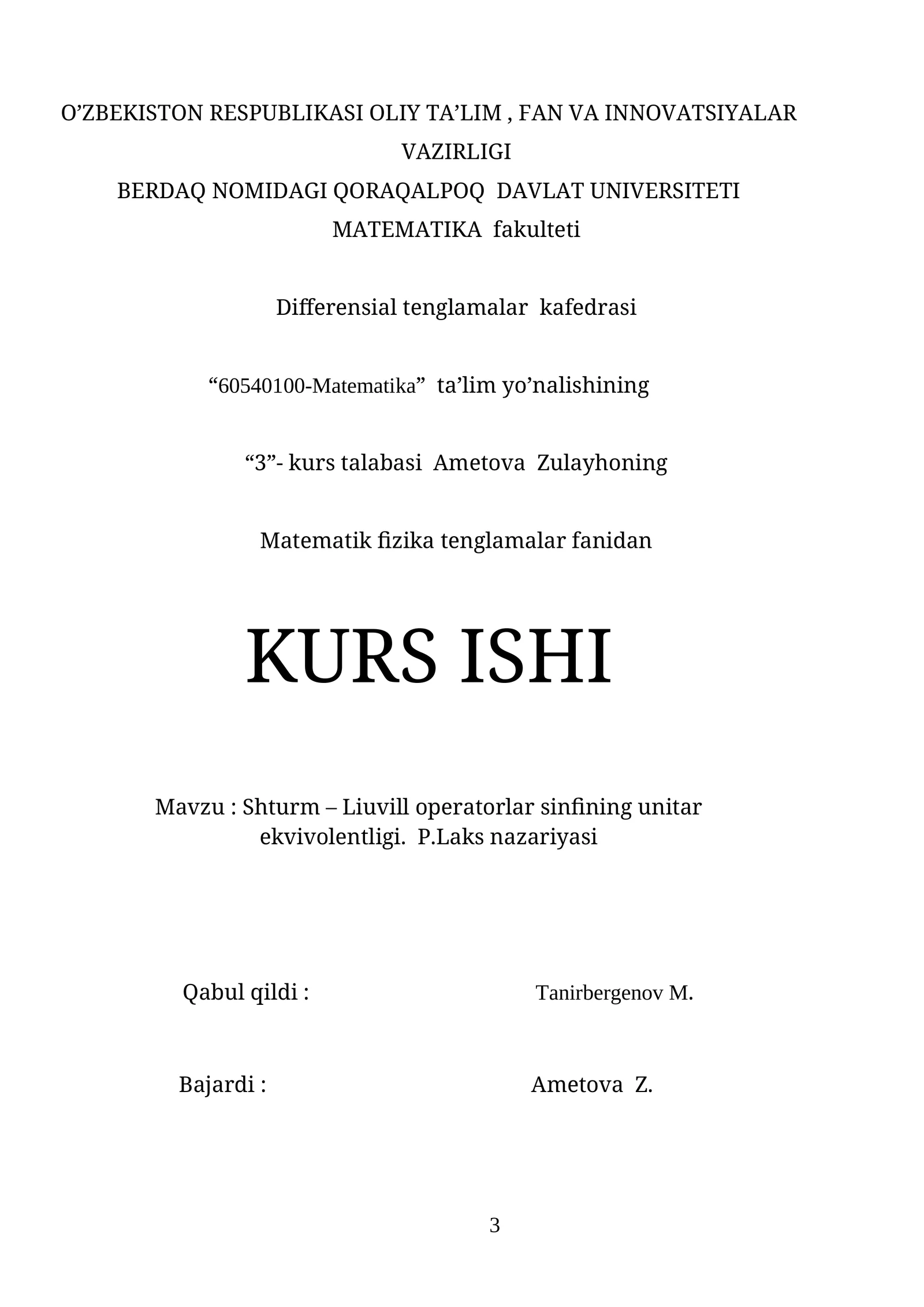 Shturm – Liuvill operatorlar sinfining unitar ekvivalentligi