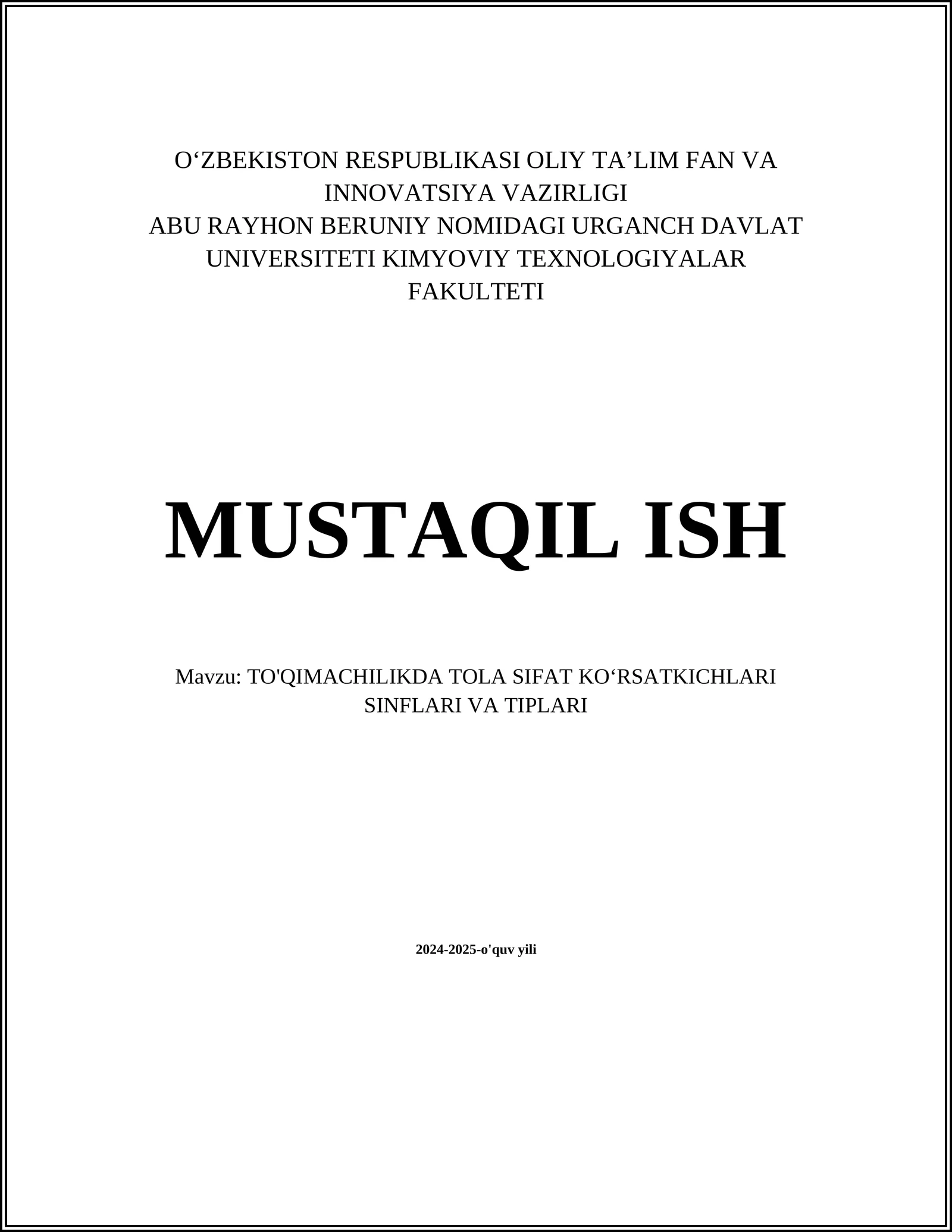 TO'QIMACHILIKDA TOLA SIFAT KOʻRSATKICHLARI SINFLARI VA TIPLARI