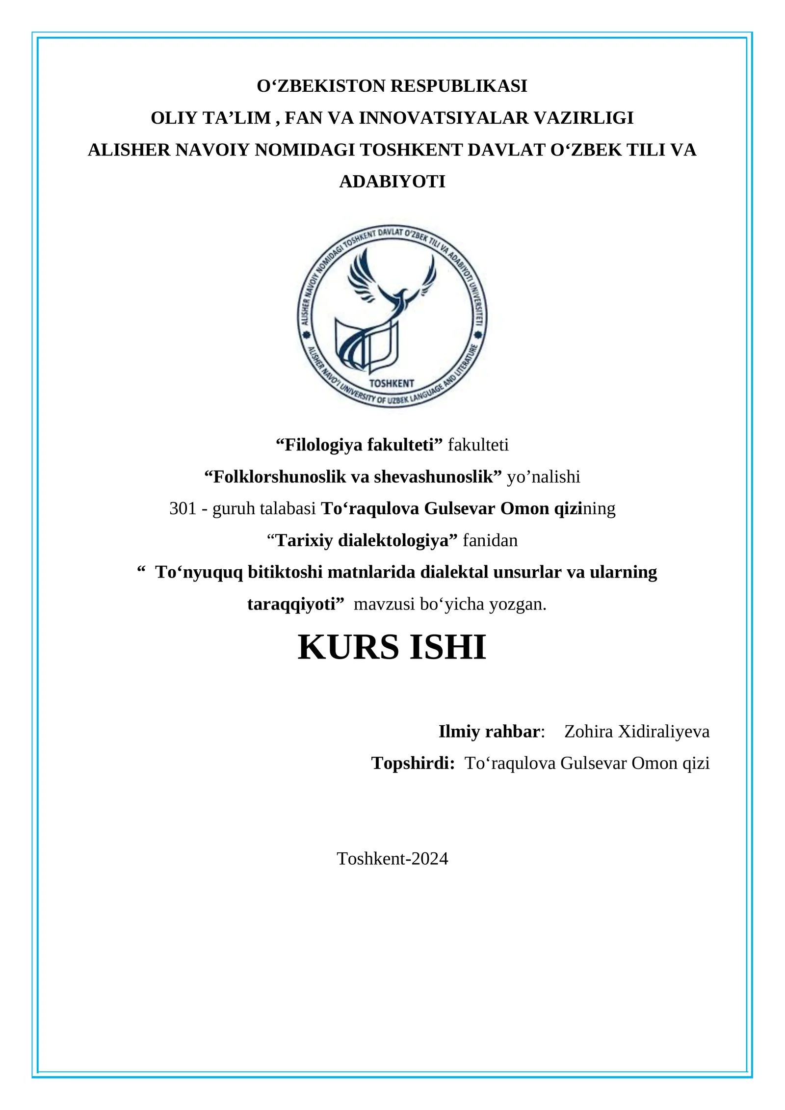 “ Toʻnyuquq bitiktoshi matnlarida dialektal unsurlar va ularning taraqqiyoti” mavzusi bo‘yicha yozgan.