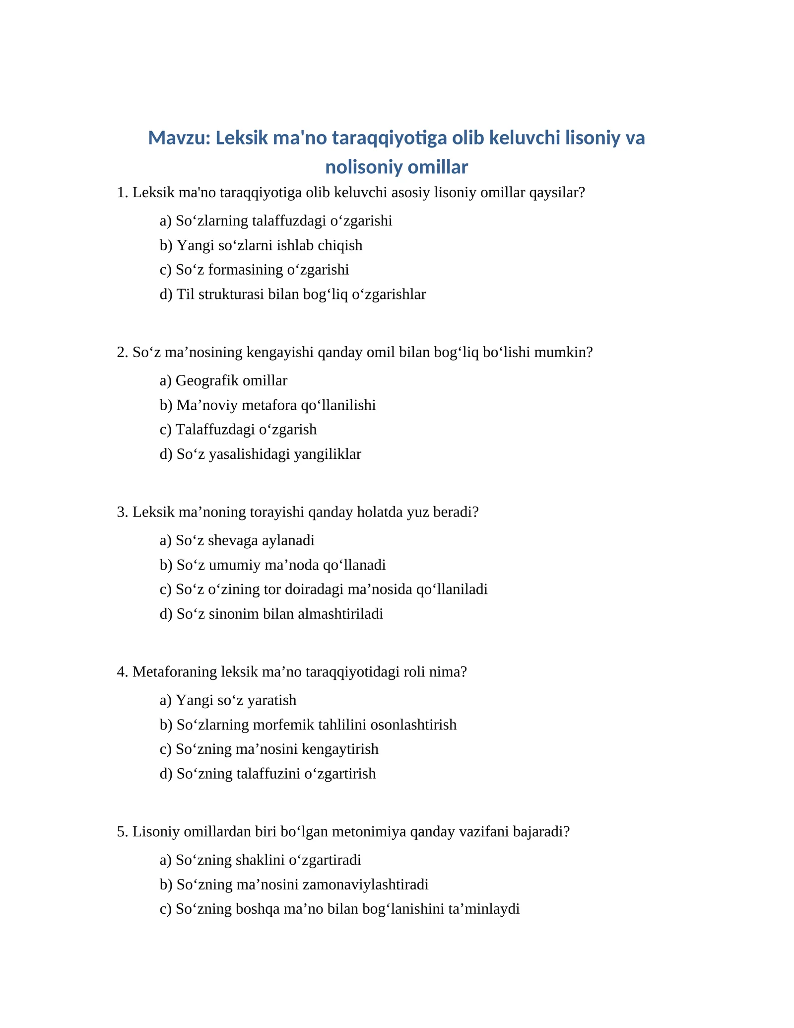 Leksik ma'no taraqqiyotiga olib keluvchi lisoniy va nolisoniy omillar