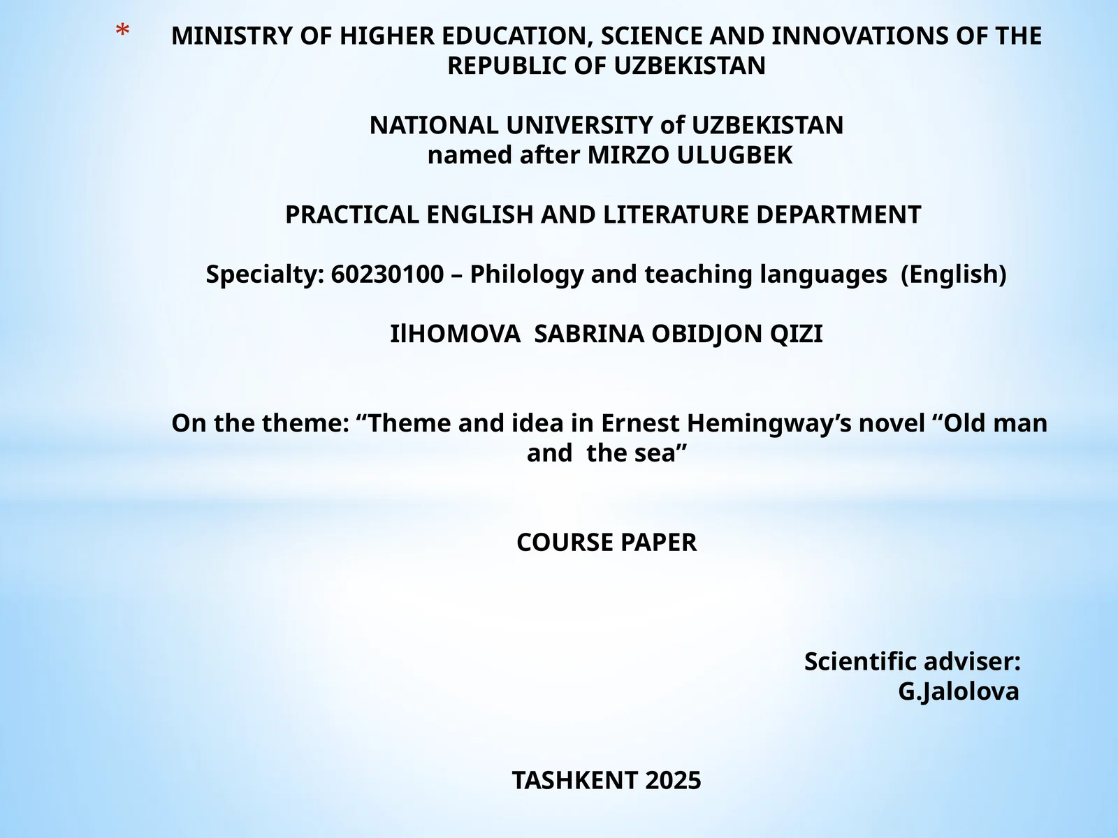 Course Paper on "Theme and Idea in Ernest Hemingway's Novel "Old Man and the Sea"