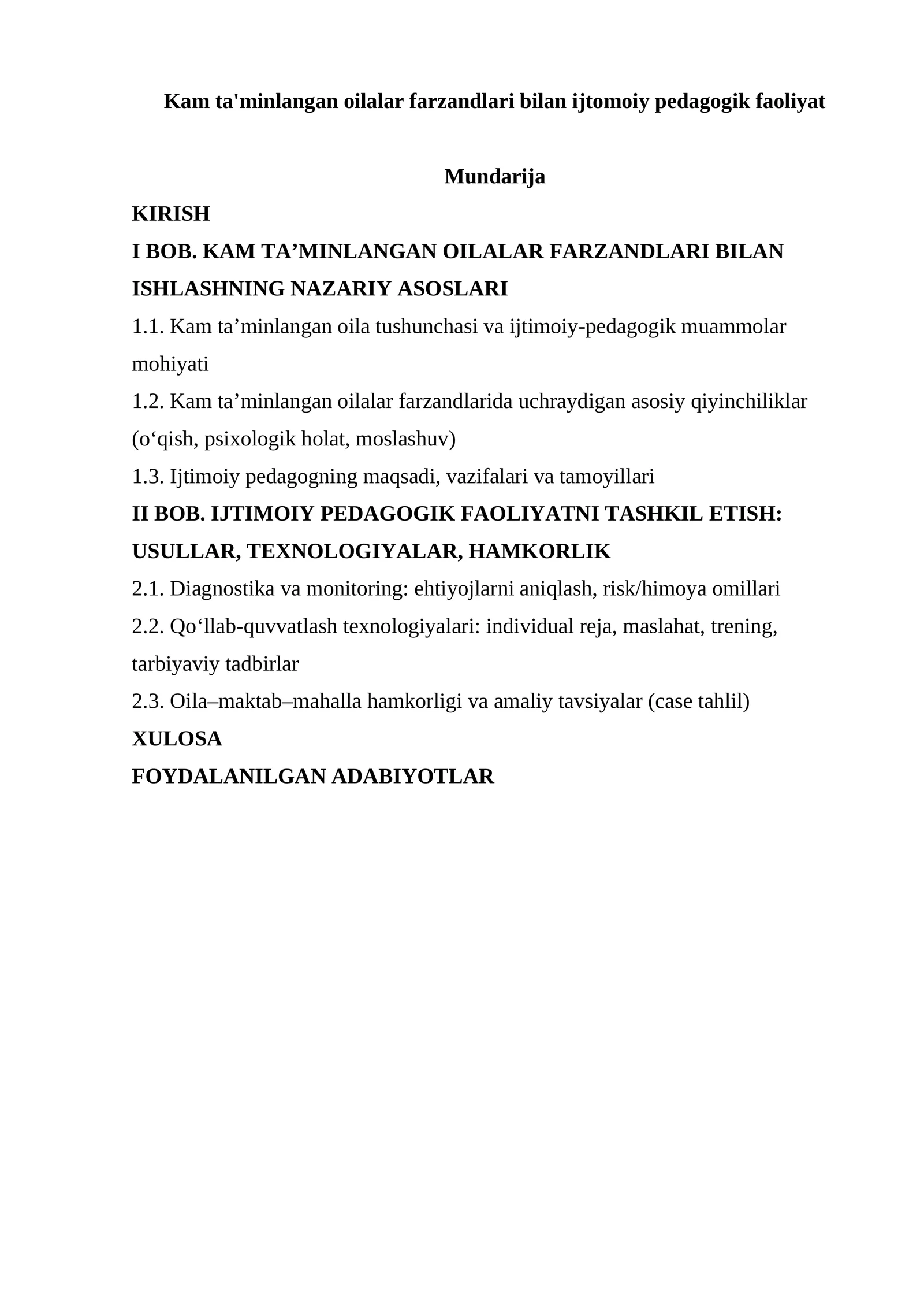 Kam ta'minlangan oilalar farzandlari bilan ijtomoiy pedagogik faoliyat