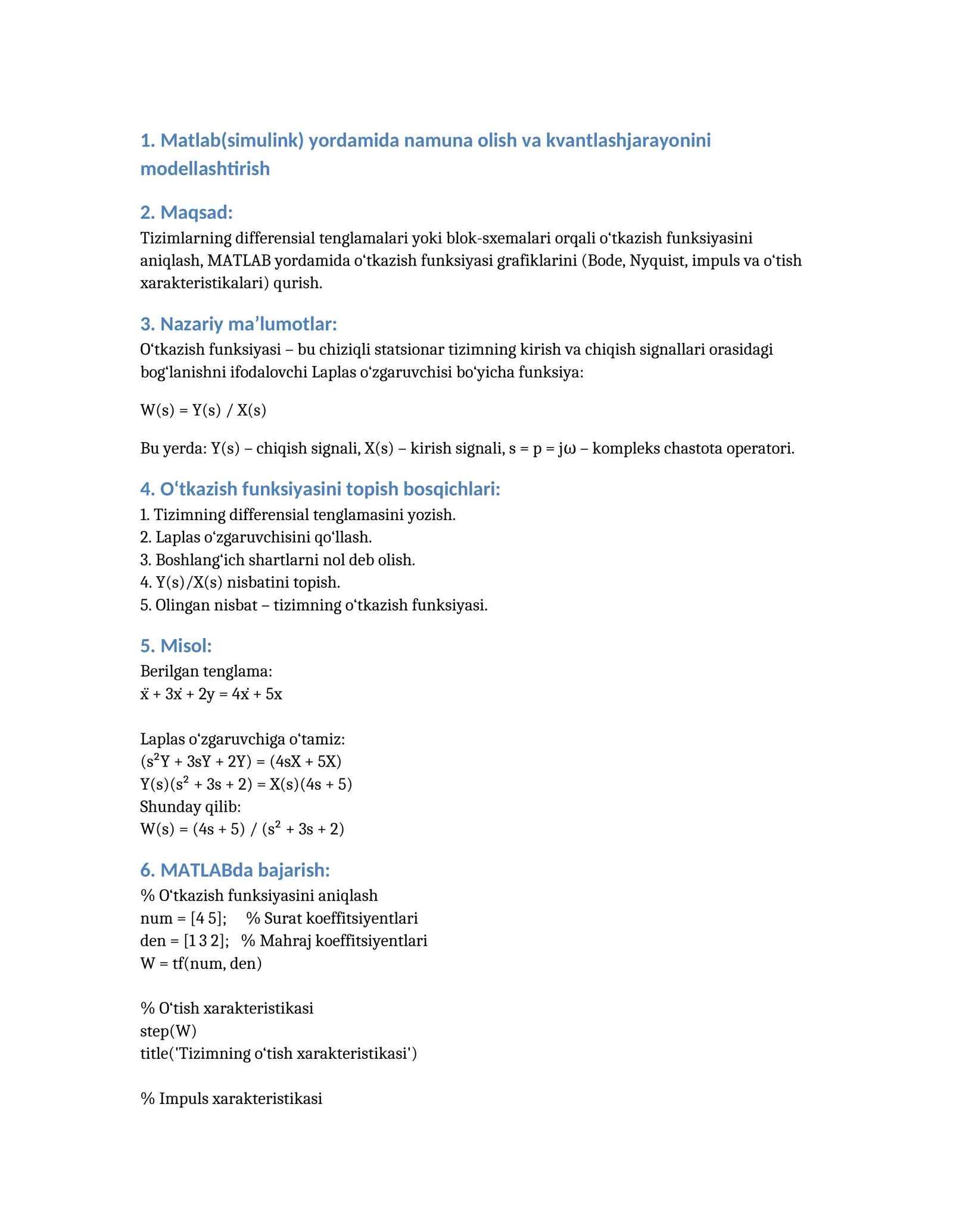 MATLABda tizimlarning o‘tkazish funksiyasini modellashtirish