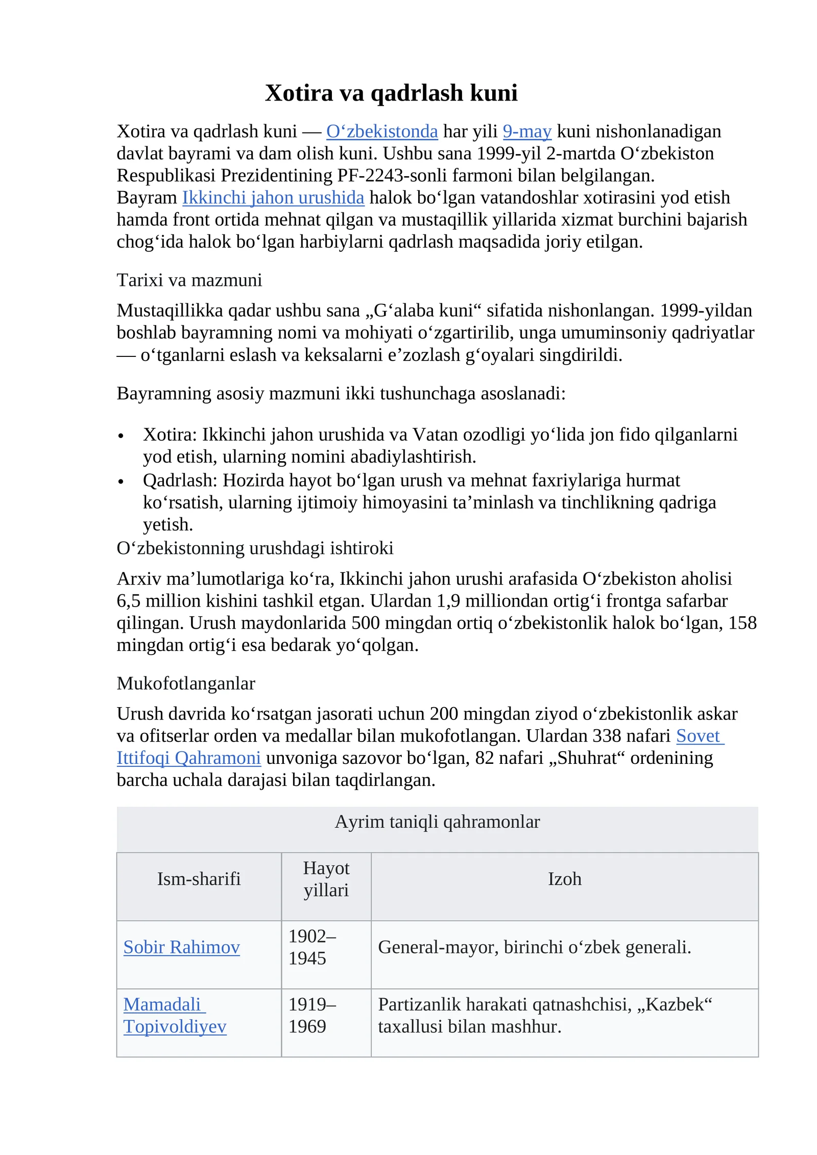 Xotira va qadrlash kuni
