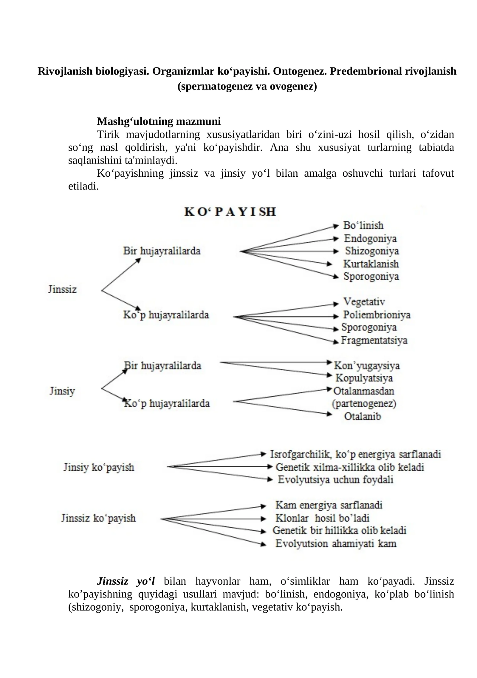 Rivojlanish biologiyasi. Organizmlar ko‘payishi. Ontogenez. Predembrional rivojlanish (spermatogenez va ovogenez)