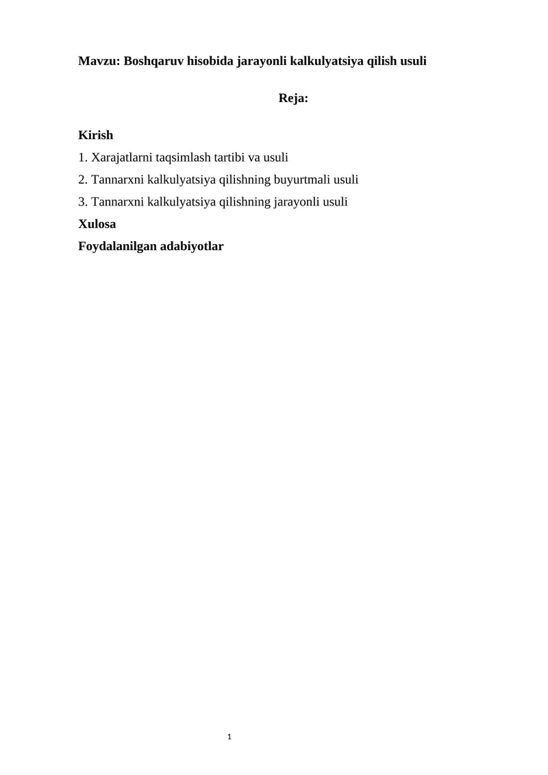 Boshqaruv hisobida jarayonli kalkulyatsiya qilish usuli