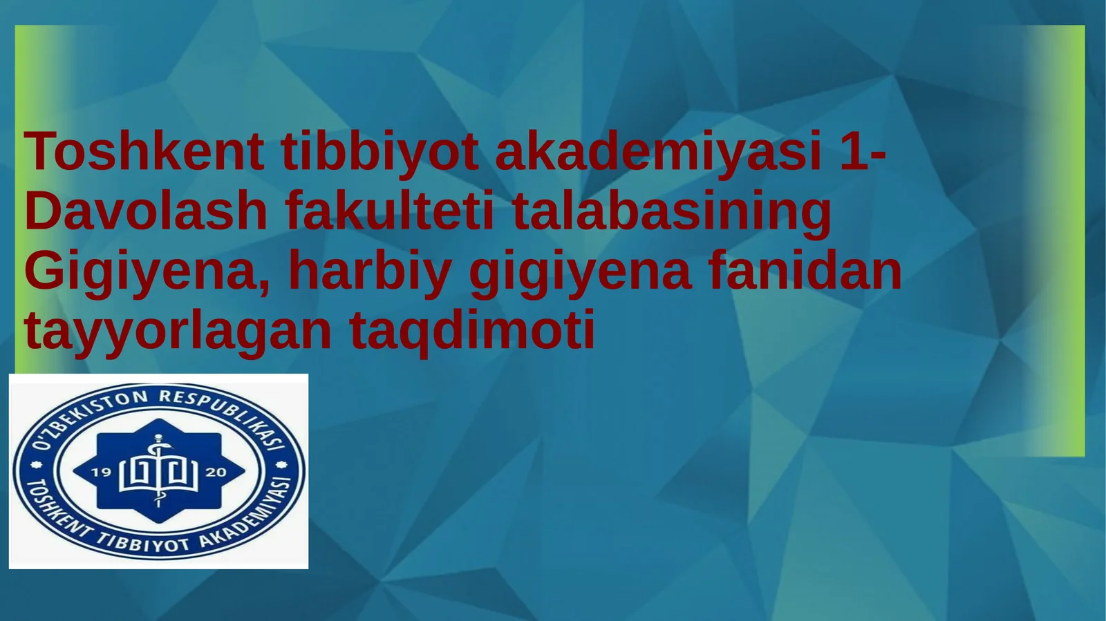 Gigiyena, harbiy gigiyena fanidan tayyorlagan taqdimoti