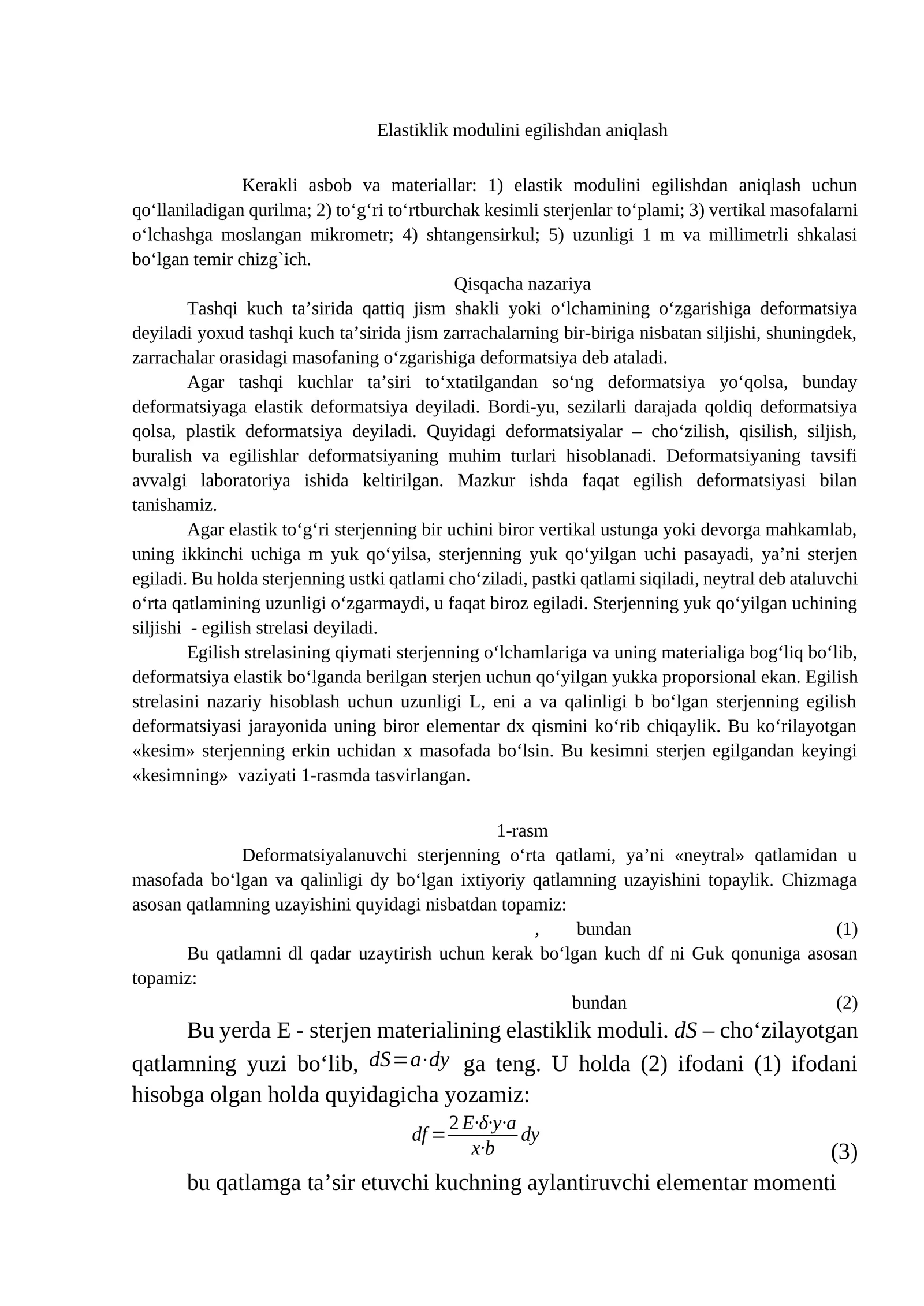 Elastiklik modulini egilishdan aniqlash