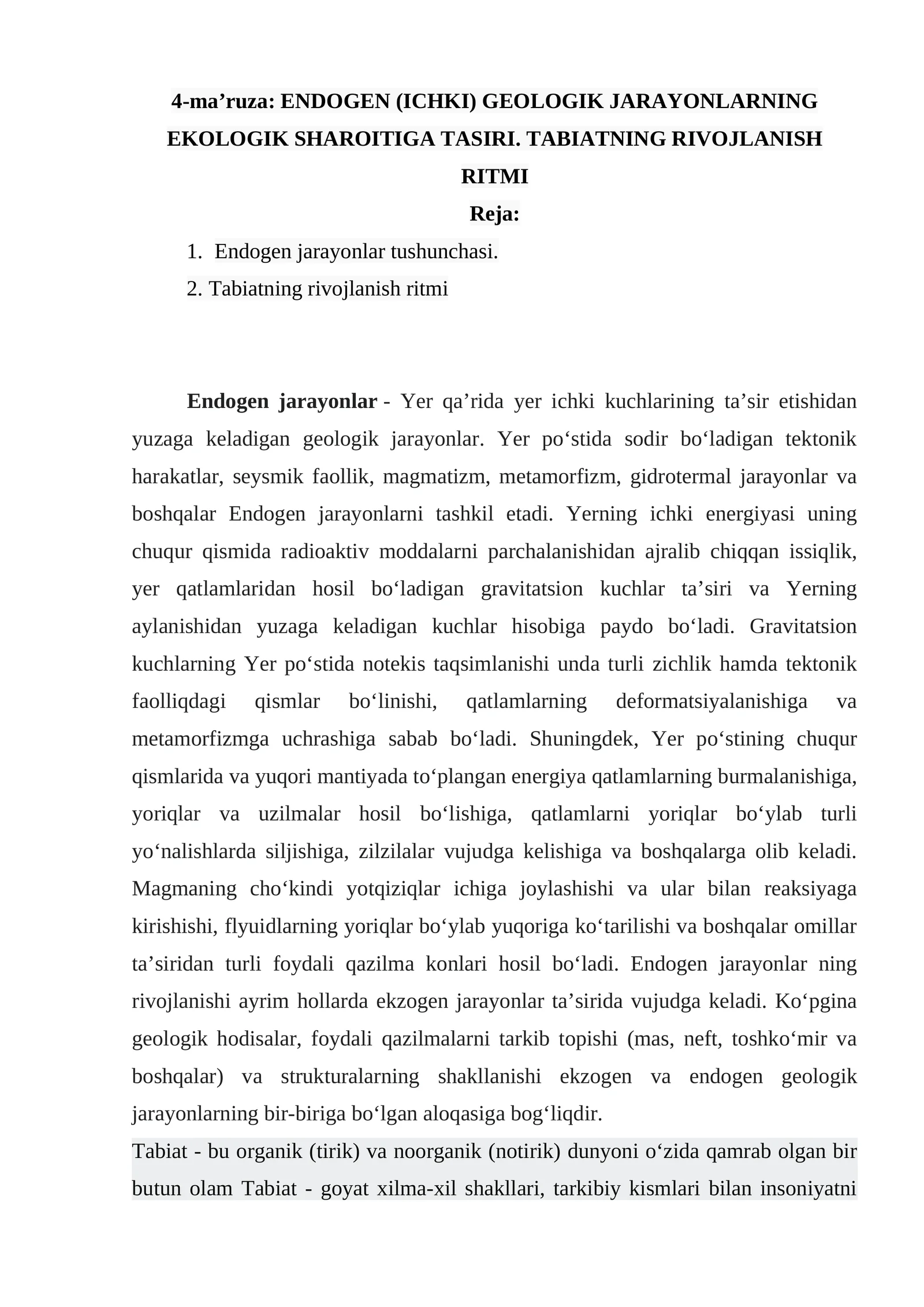 ENDOGEN (ICHKI) GEOLOGIK JARAYONLARNING EKOLOGIK SHAROITIGA TASIRI
