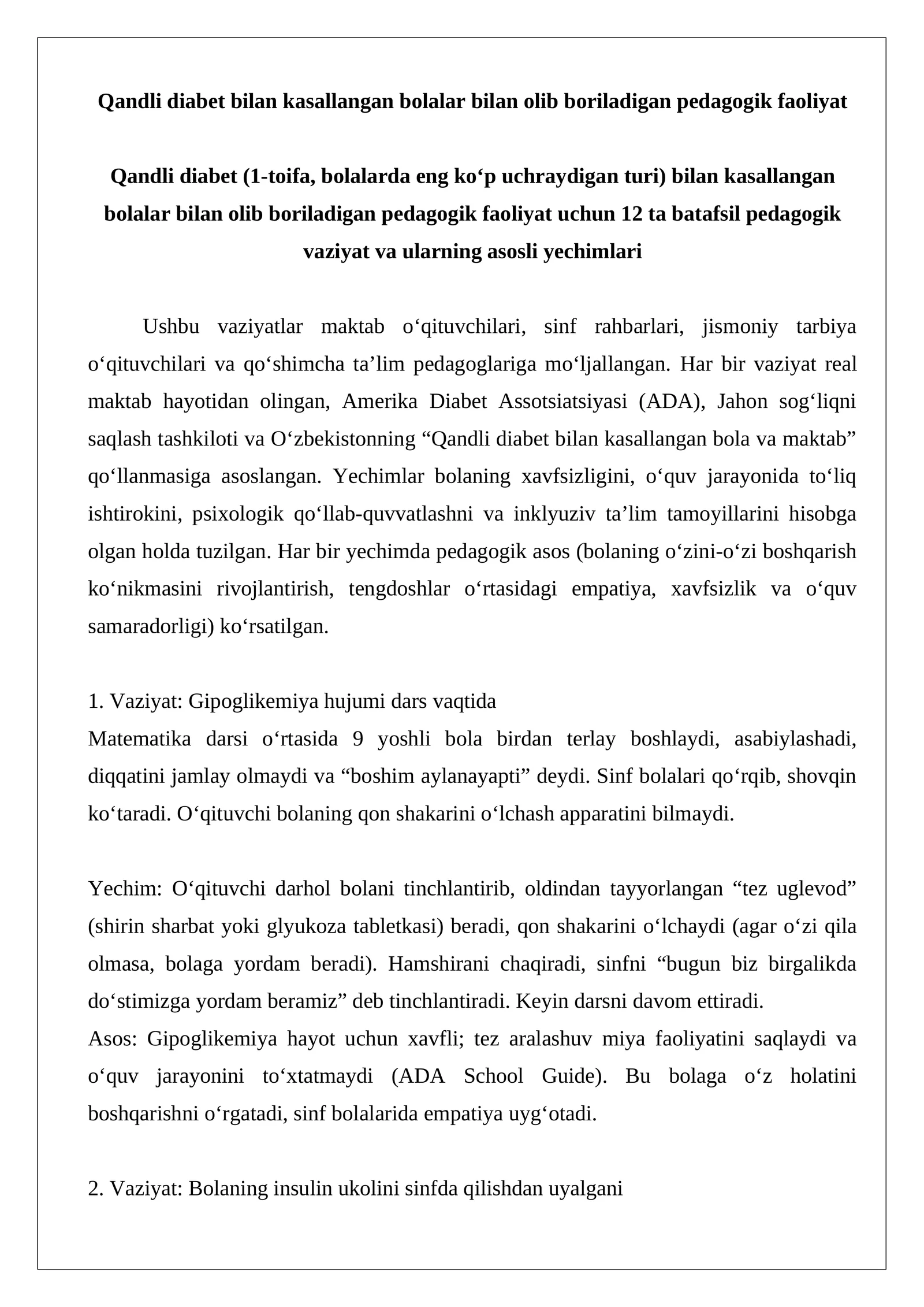 Qandli diabet bilan kasallangan bolalar bilan olib boriladigan pedagogik faoliyat