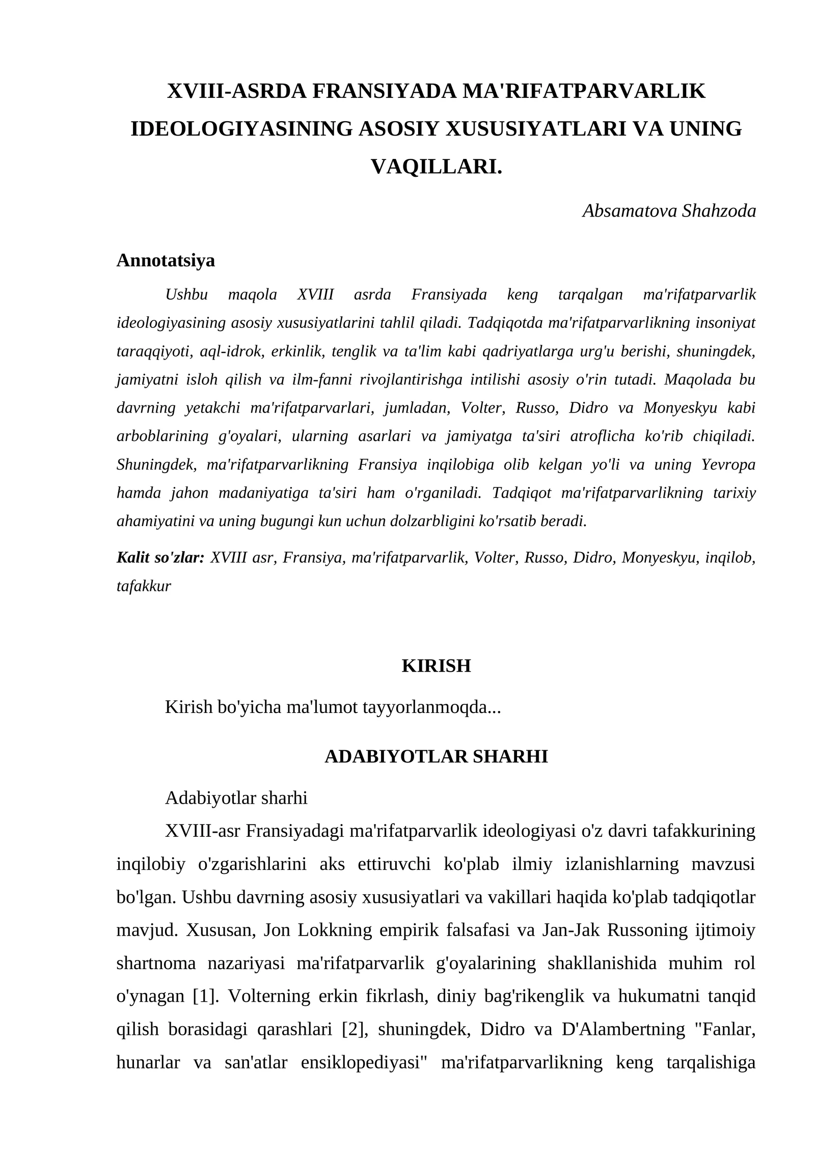 XVIII-ASRDA FRANSIYADA MA'RIFATPARVARLIK IDEOLOGIYASINING ASOSIY XUSUSIYATLARI VA UNING VAQILLARI