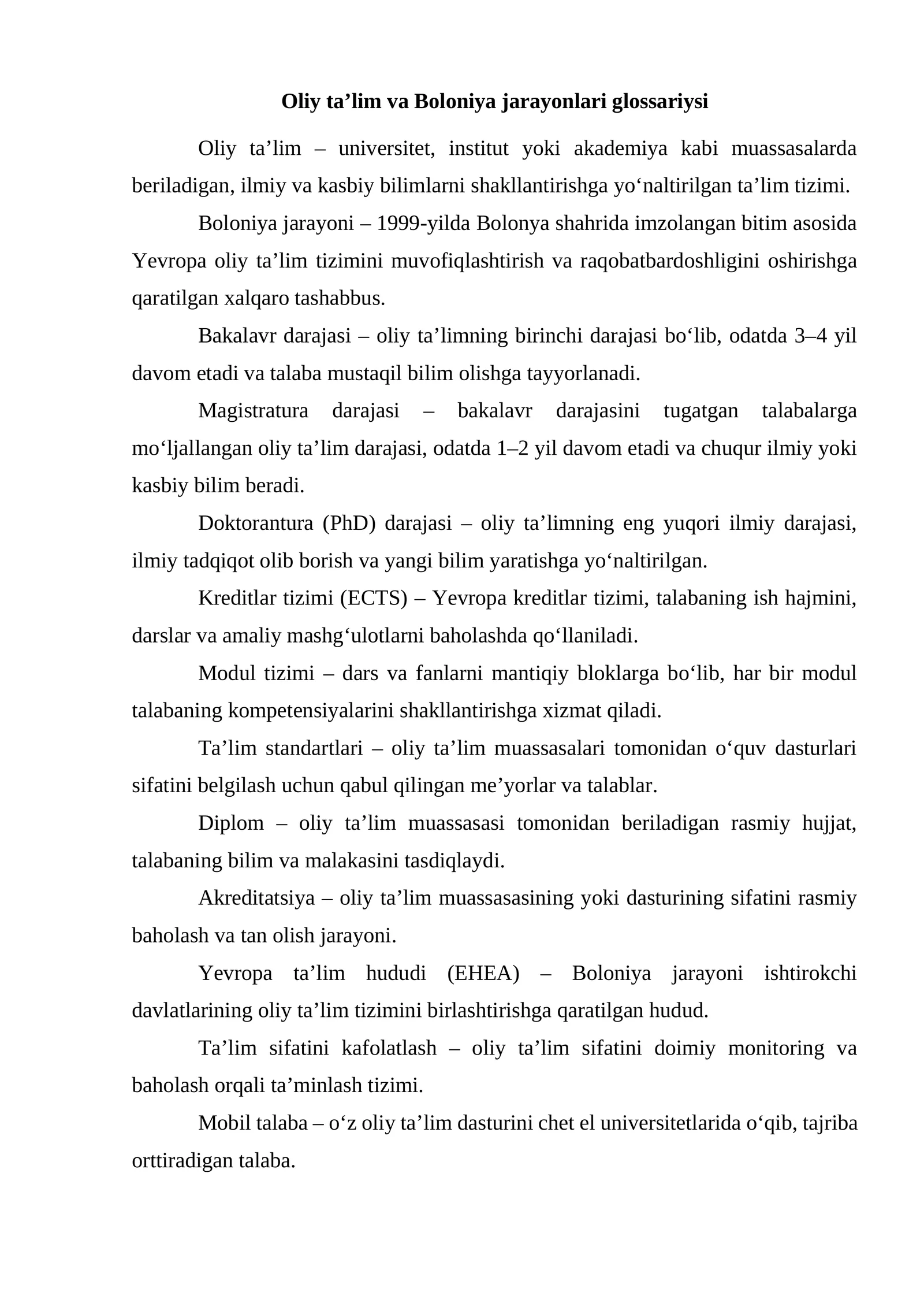 Oliy ta’lim va Boloniya jarayonlari glossariysi