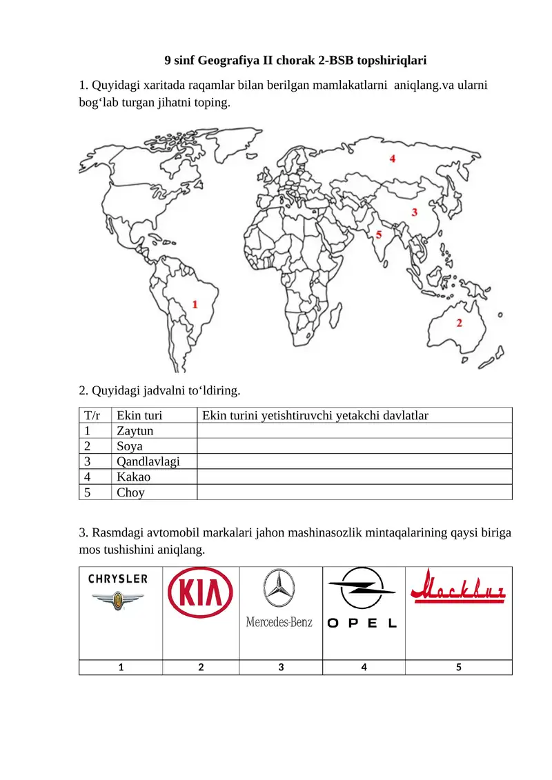 9 sinf Geografiya II chorak 2-BSB topshiriqlari