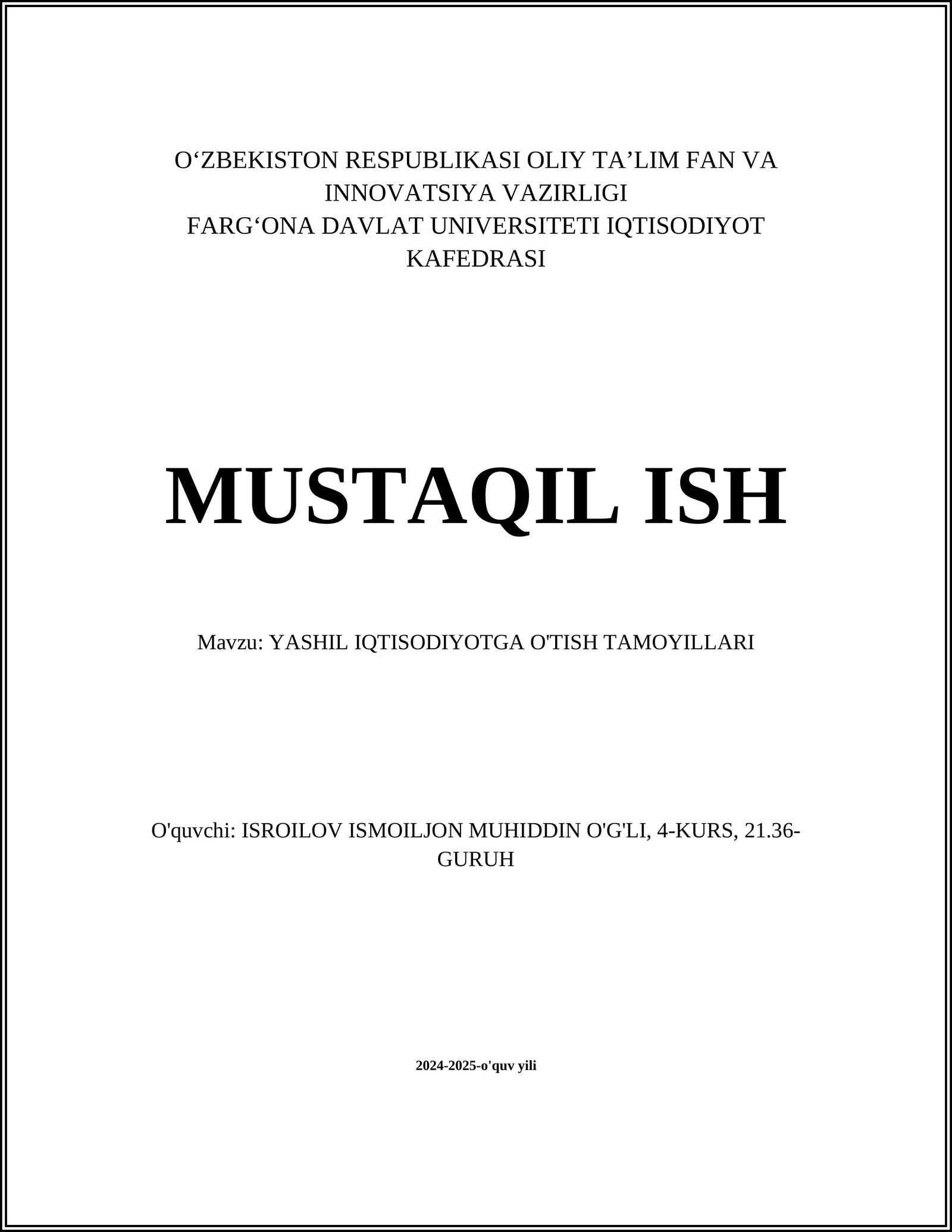YASHIL IQTISODIYOTGA O'TISH TAMOYILLARI