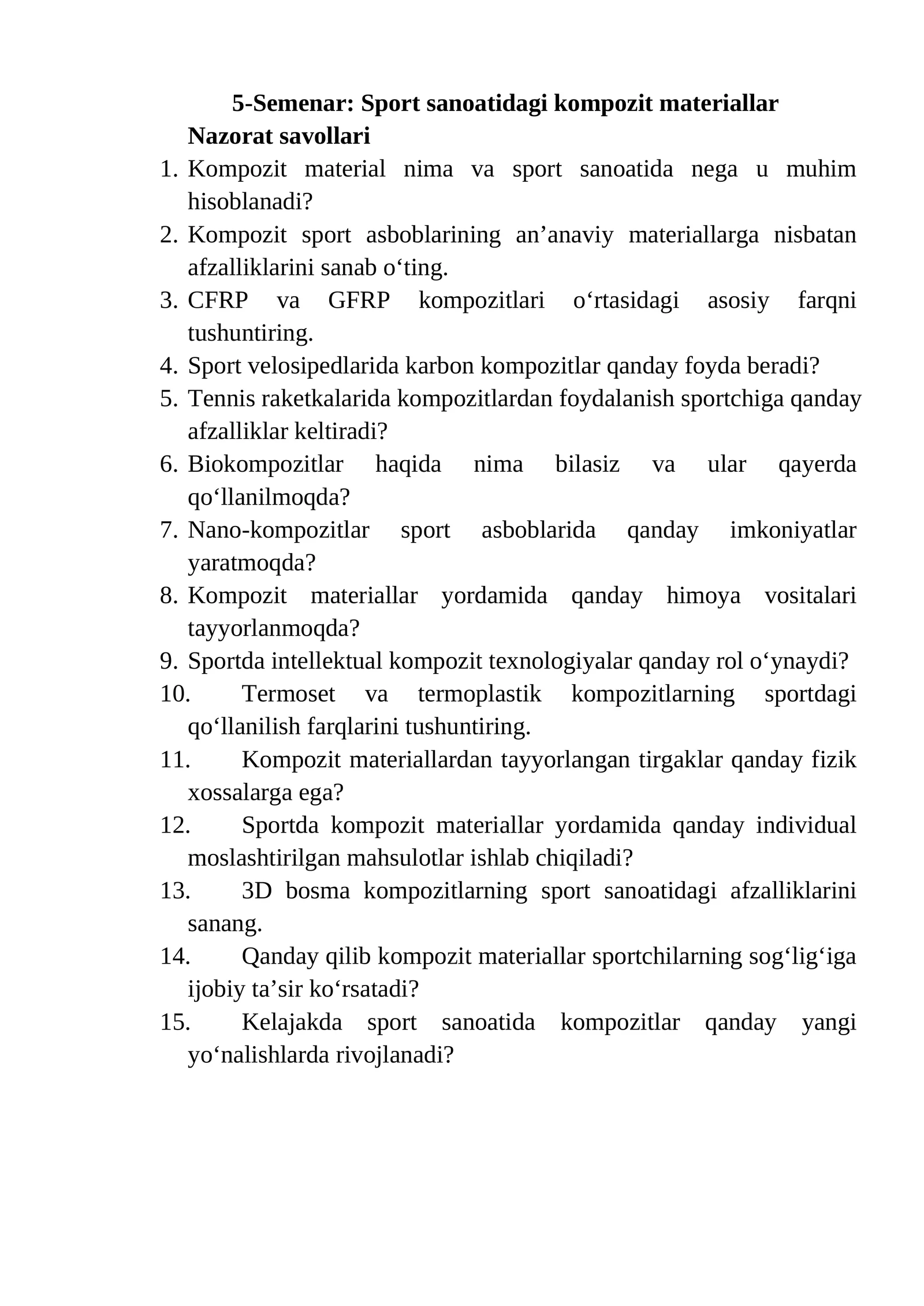 5-Semenar: Sport sanoatidagi kompozit materiallar